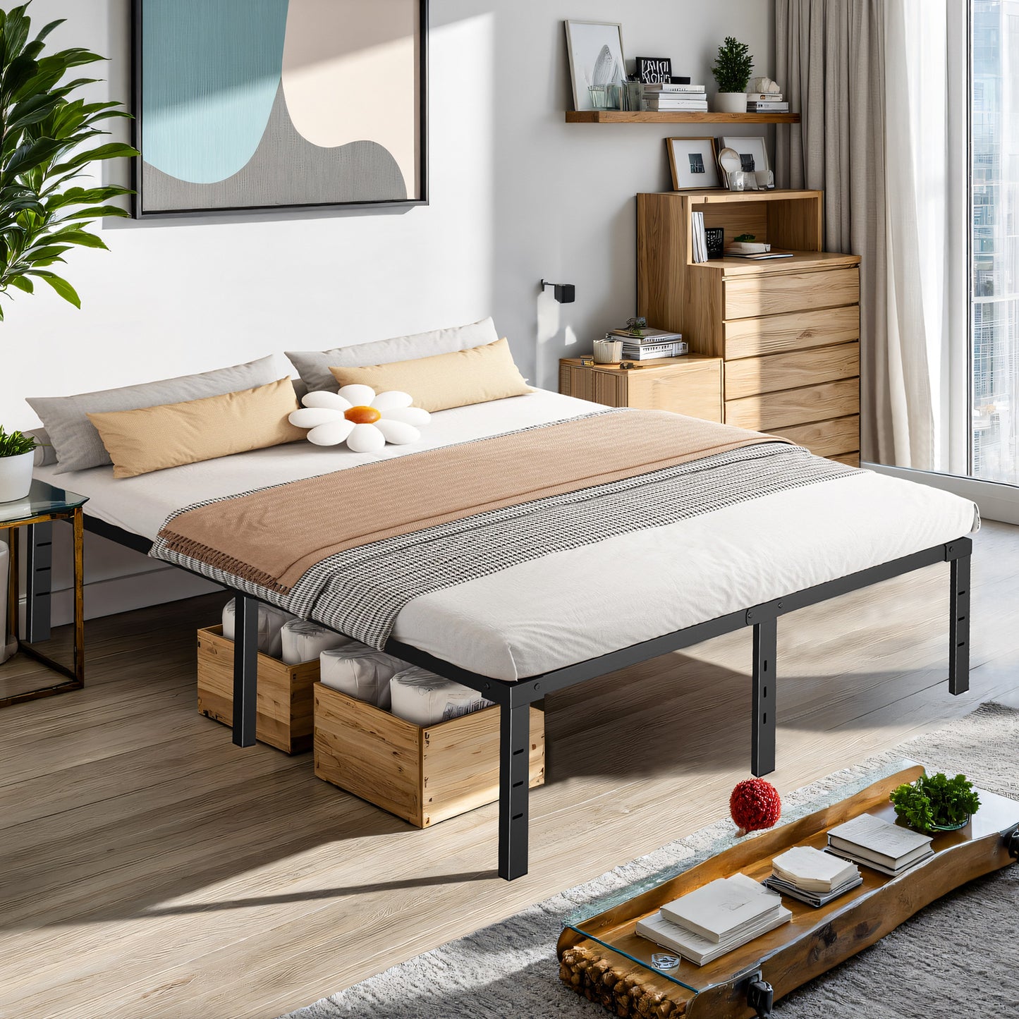 Capri Queen Bed Frame, 18 Inch Metal Platform Bed Frame, Heavy Duty, No Box Spring Needed, Easy Assembly, Black