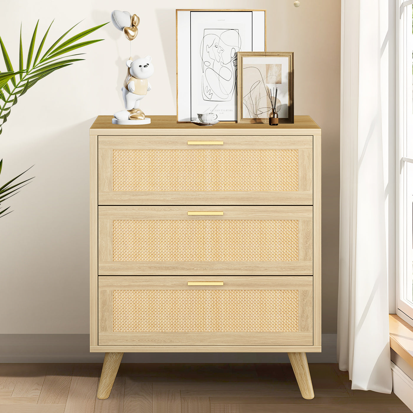 Capri 3-Drawer Dresser, Rattan Dresser Storage Wide Chest of Drawers, Wooden Bedside Night Stand Storage Cabinet for Bedroom,Living Room, Entryway, Natural