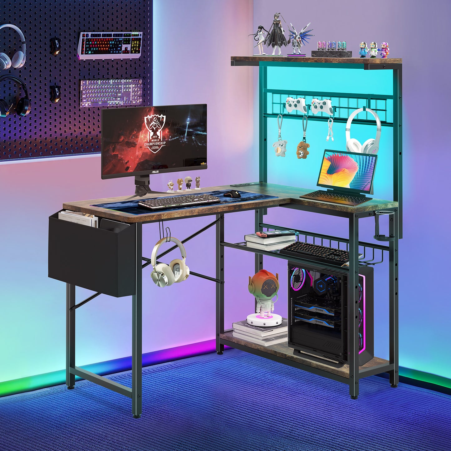 Capri 42" L Shaped Gaming Desk with Power Outlets & LED Lights, Small Computer Corner Desk with Headset Hooks and Cup Holder, Home Office Desk with Storage Shelves, Rustic Brown
