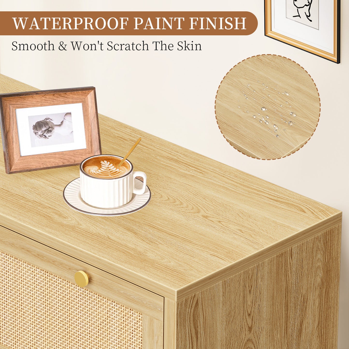 Capri 3-Drawer Dresser, Rattan Dresser Storage Wide Chest of Drawers, Wooden Bedside Night Stand Storage Cabinet for Bedroom,Living Room, Entryway, Natural