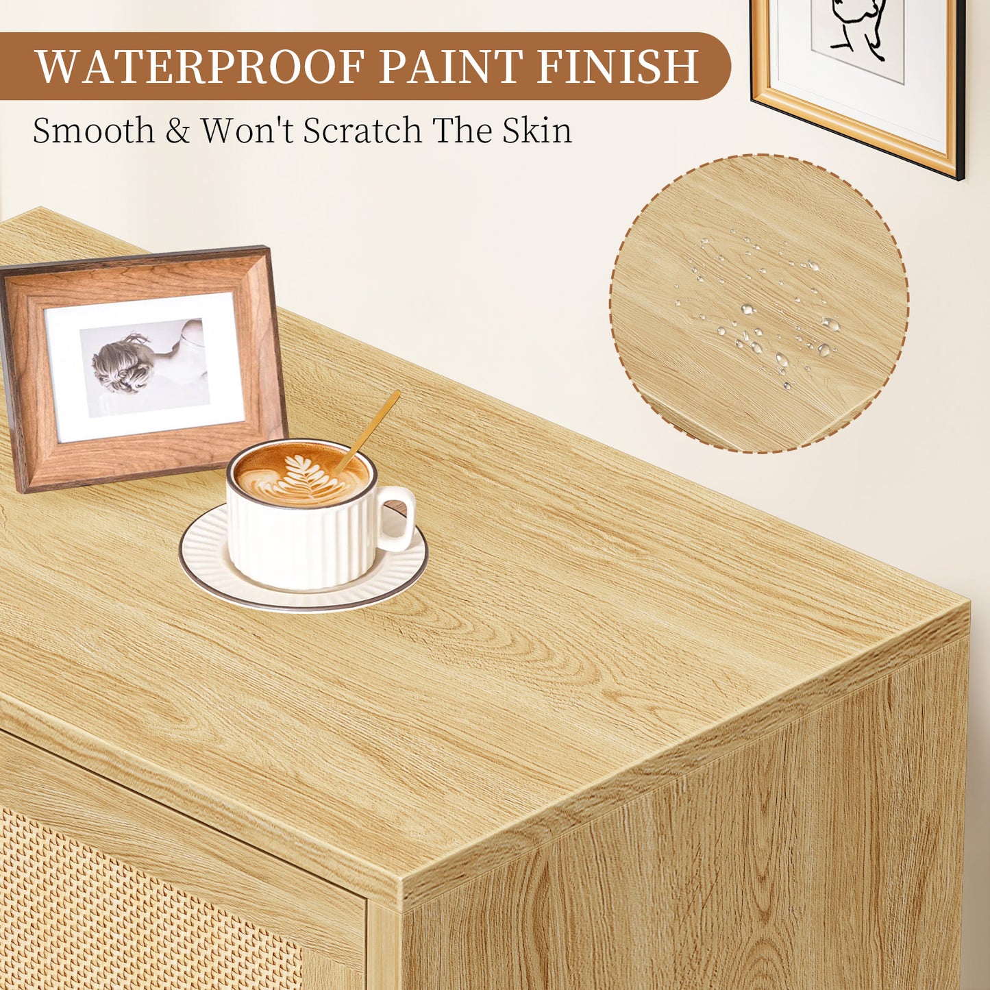 Capri 3-Drawer Dresser, Rattan Dresser Storage Wide Chest of Drawers, Wooden Bedside Night Stand Storage Cabinet for Bedroom,Living Room, Entryway, Natural