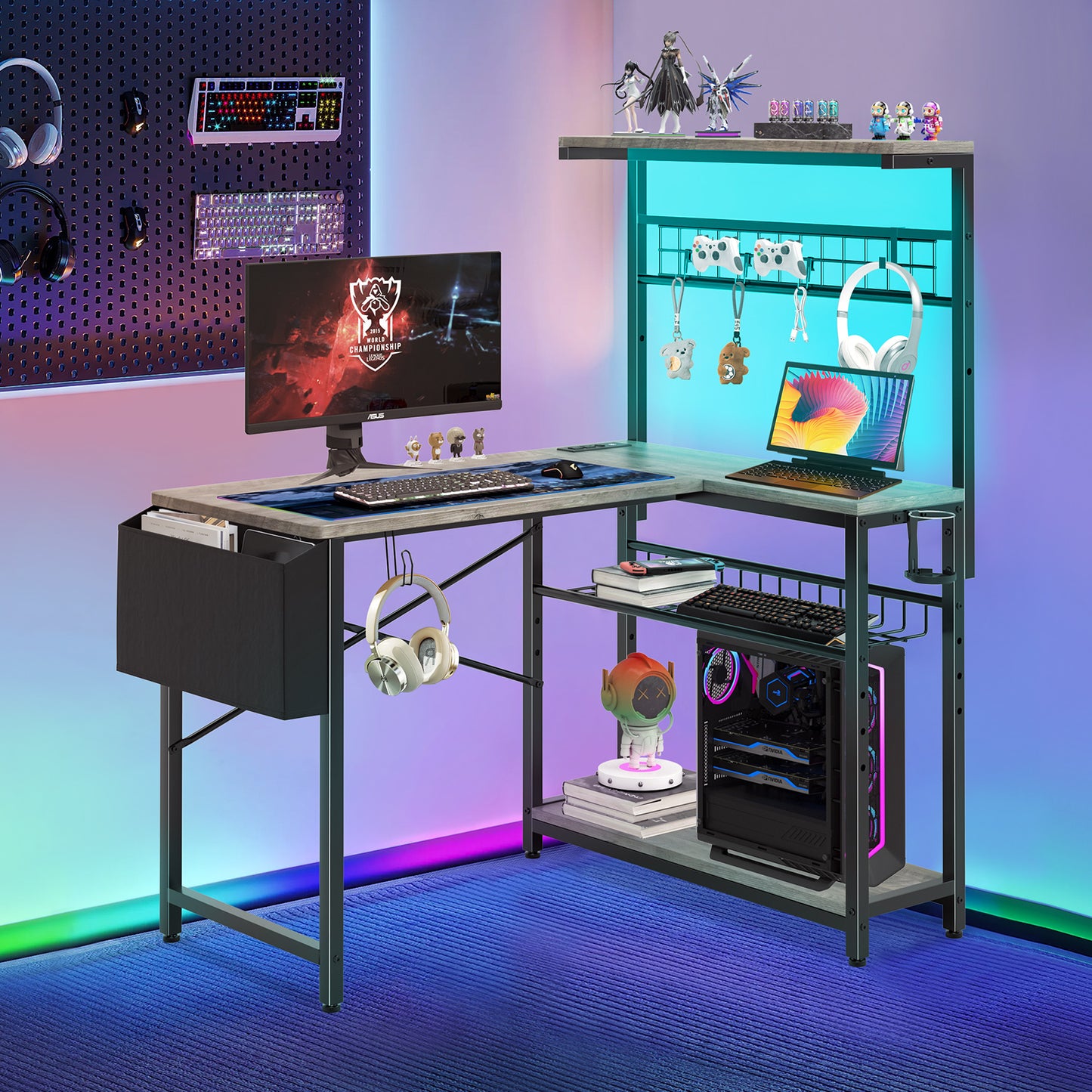 Capri 42" L Shaped Gaming Desk with Power Outlets & LED Lights, Small Computer Corner Desk with Headset Hooks and Cup Holder, Home Office Desk with Storage Shelves, Oak Gray