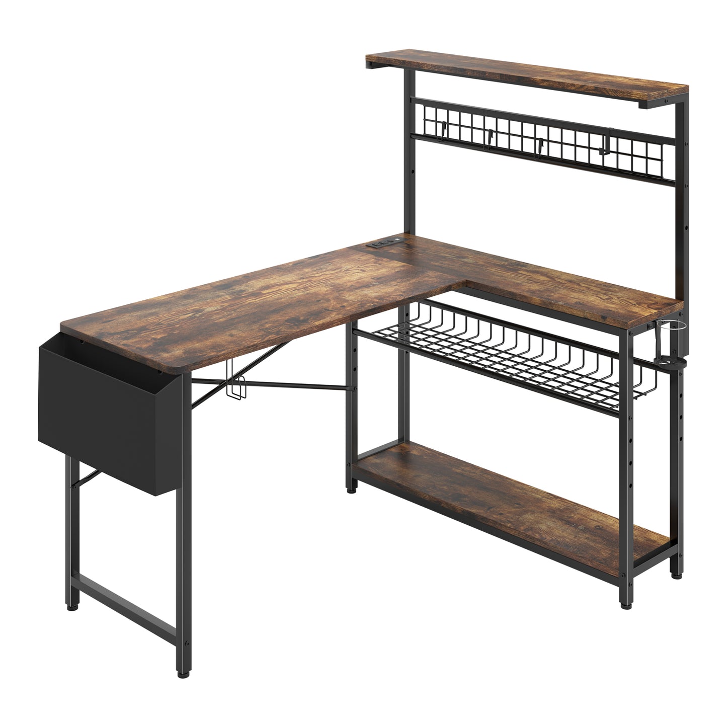 Capri L Shaped Gaming Desk, 42" Computer Desk with Power Outlets & LED Lights & Headset Hooks & Cup Holder & Storage Bag, Rustic Brown