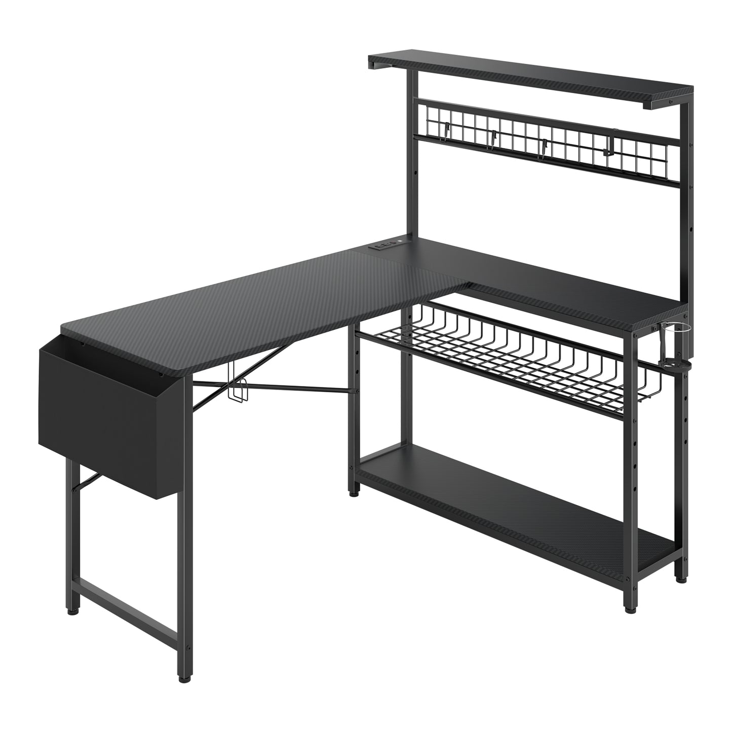 Capri L Shaped Gaming Desk, 52" Reversible Computer Desk with Power Outlets & LED Lights & Headset Hooks & Cup Holder & Storage Bag, Carbon Fiber Black