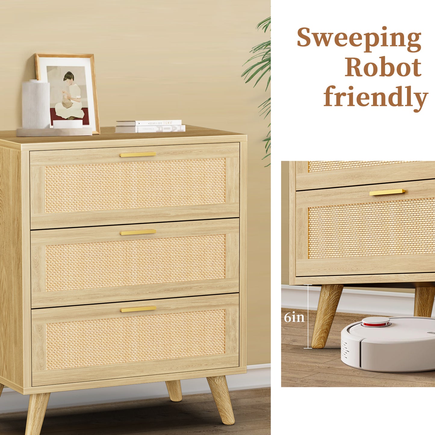 Capri 3-Drawer Dresser, Rattan Dresser Storage Wide Chest of Drawers, Wooden Bedside Night Stand Storage Cabinet for Bedroom,Living Room, Entryway, Natural