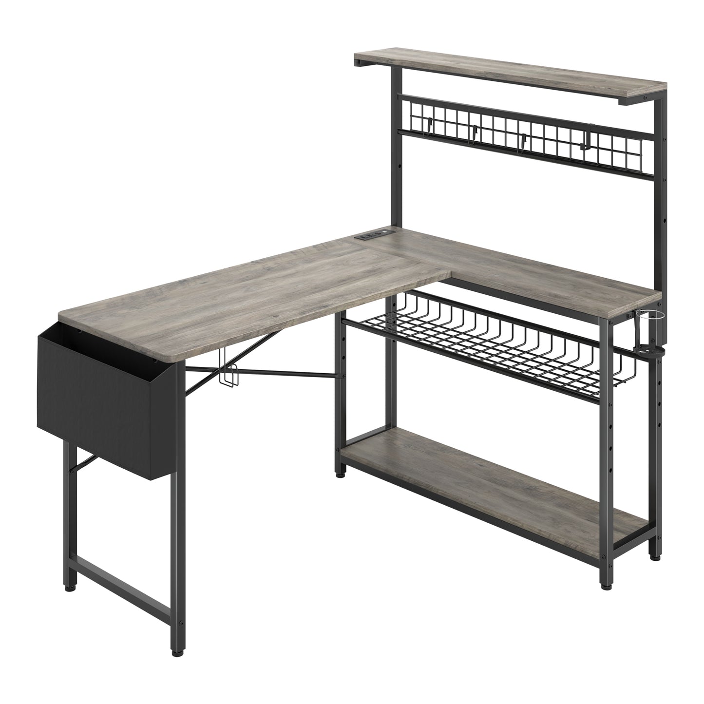 Capri L Shaped Gaming Desk, 52" Reversible Computer Desk with Power Outlets & LED Lights & Headset Hooks & Cup Holder & Storage Bag, Oak Gray