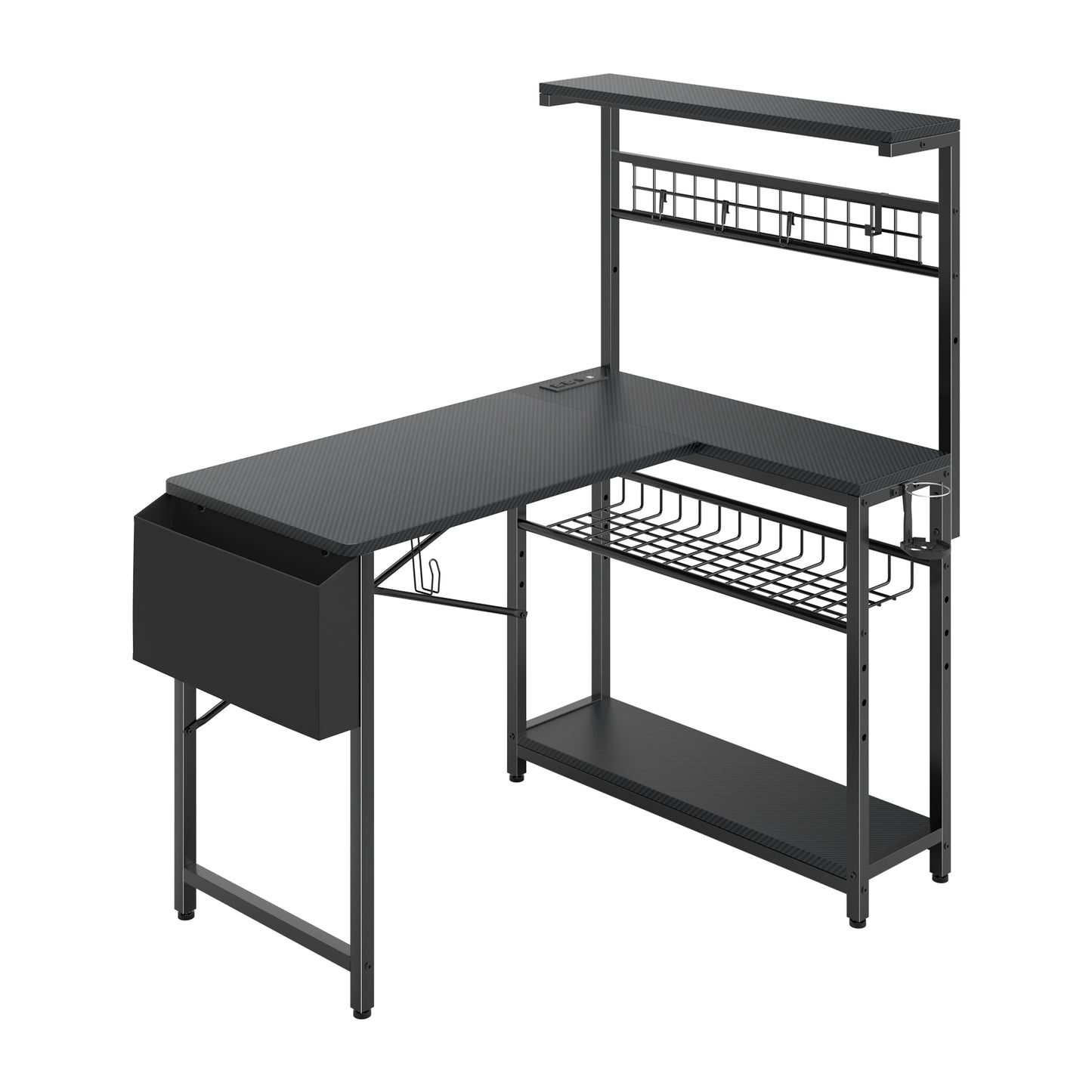 Capri 42" L Shaped Gaming Desk with Power Outlets & LED Lights, Small Computer Corner Desk with Headset Hooks and Cup Holder, Home Office Desk with Storage Shelves, Carbon Fiber Black
