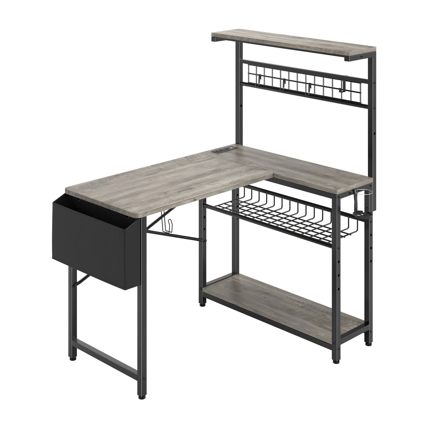 Capri 42" L Shaped Gaming Desk with Power Outlets & LED Lights, Small Computer Corner Desk with Headset Hooks and Cup Holder, Home Office Desk with Storage Shelves, Oak Gray
