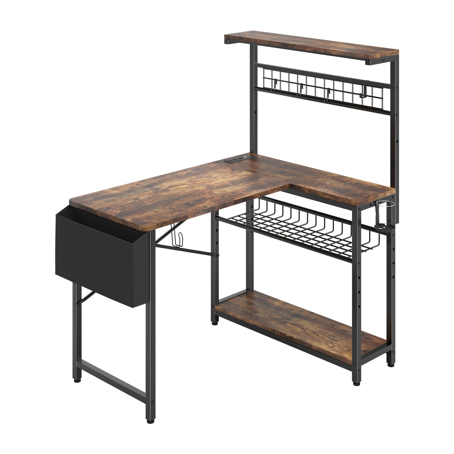 Capri 42" L Shaped Gaming Desk with Power Outlets & LED Lights, Small Computer Corner Desk with Headset Hooks and Cup Holder, Home Office Desk with Storage Shelves, Rustic Brown