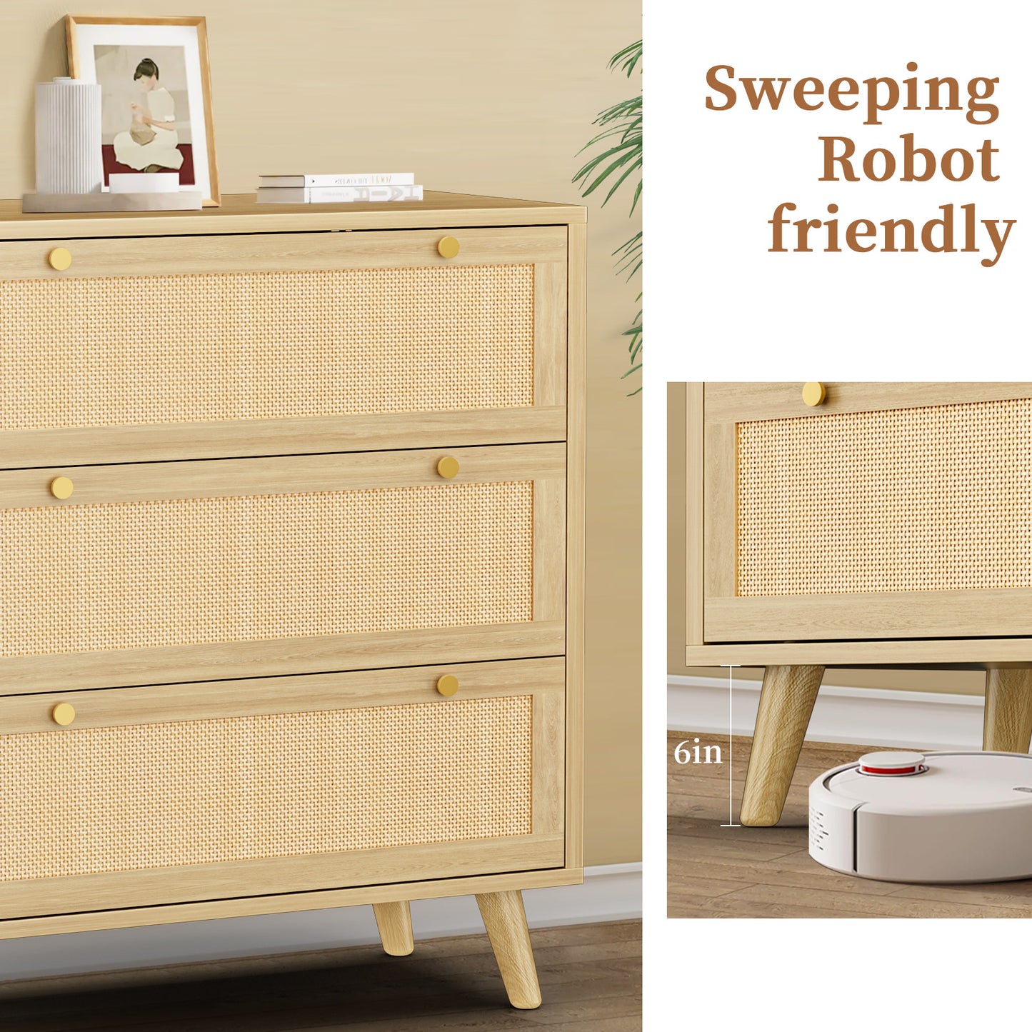 Capri 3-Drawer Dresser, Rattan Dresser Storage Wide Chest of Drawers, Wooden Bedside Night Stand Storage Cabinet for Bedroom,Living Room, Entryway, Natural
