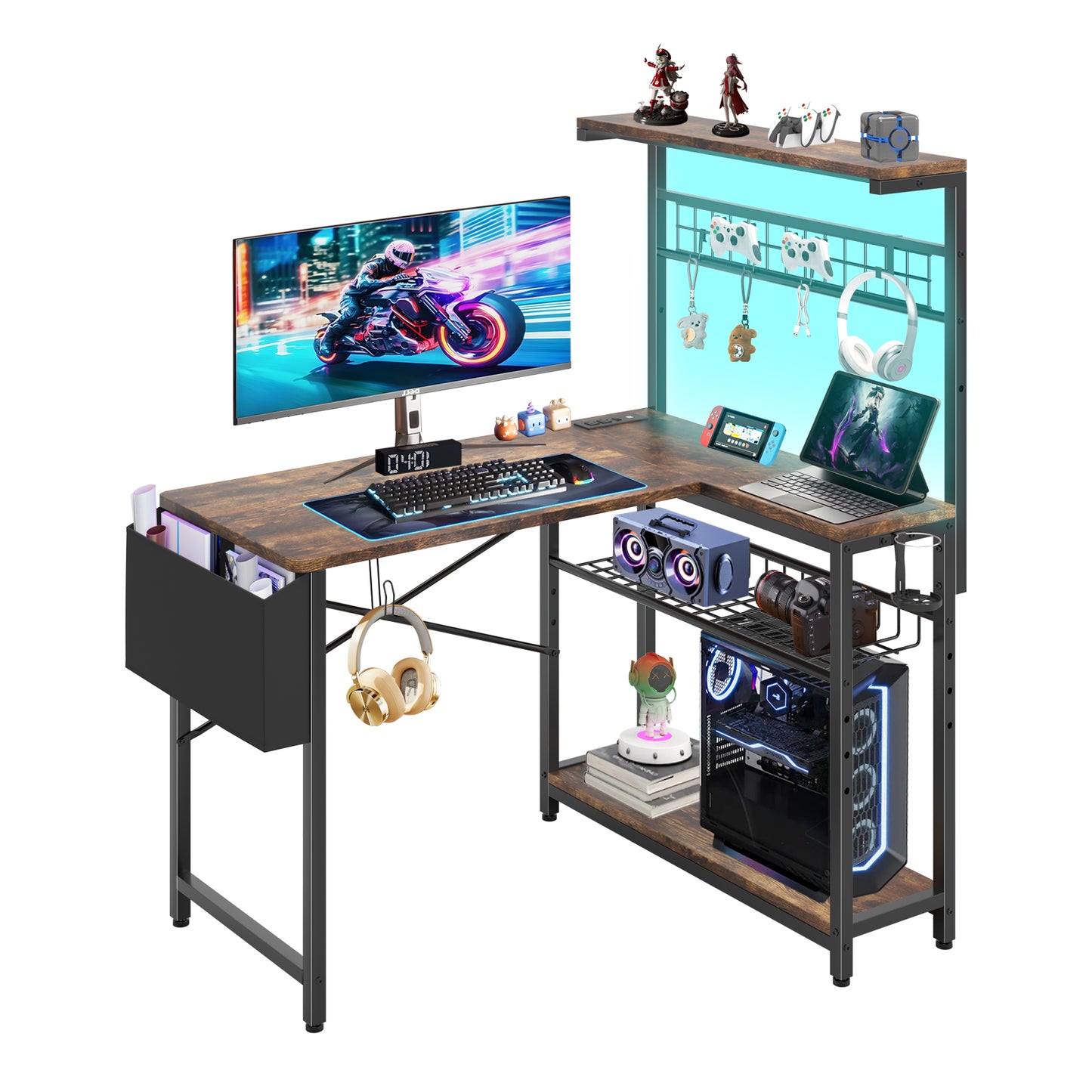 Capri 42" L Shaped Gaming Desk with Power Outlets & LED Lights, Small Computer Corner Desk with Headset Hooks and Cup Holder, Home Office Desk with Storage Shelves, Rustic Brown