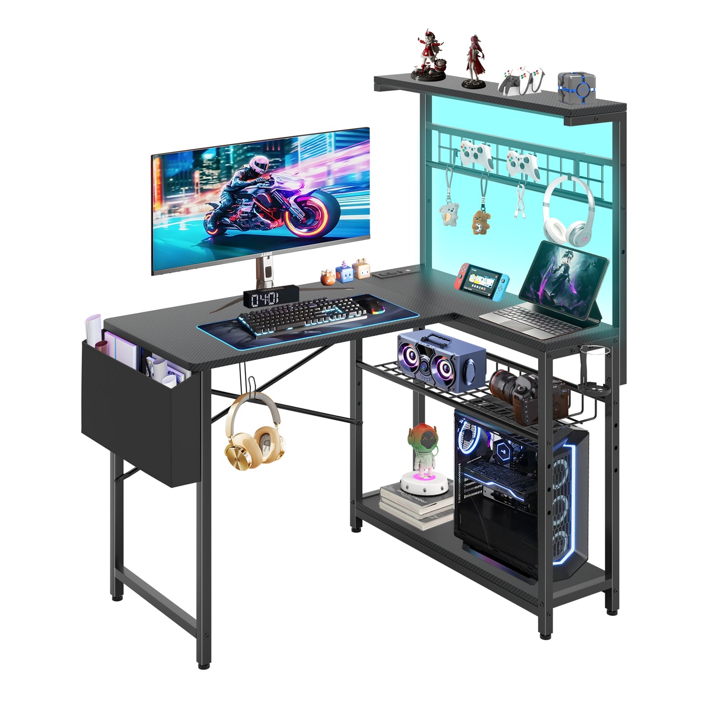 Capri 42" L Shaped Gaming Desk with Power Outlets & LED Lights, Small Computer Corner Desk with Headset Hooks and Cup Holder, Home Office Desk with Storage Shelves, Carbon Fiber Black