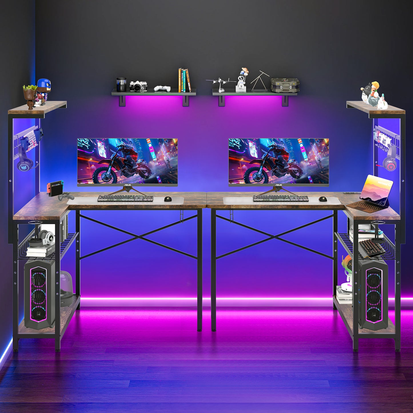Capri 42" L Shaped Gaming Desk with Power Outlets & LED Lights, Small Computer Corner Desk with Headset Hooks and Cup Holder, Home Office Desk with Storage Shelves, Rustic Brown