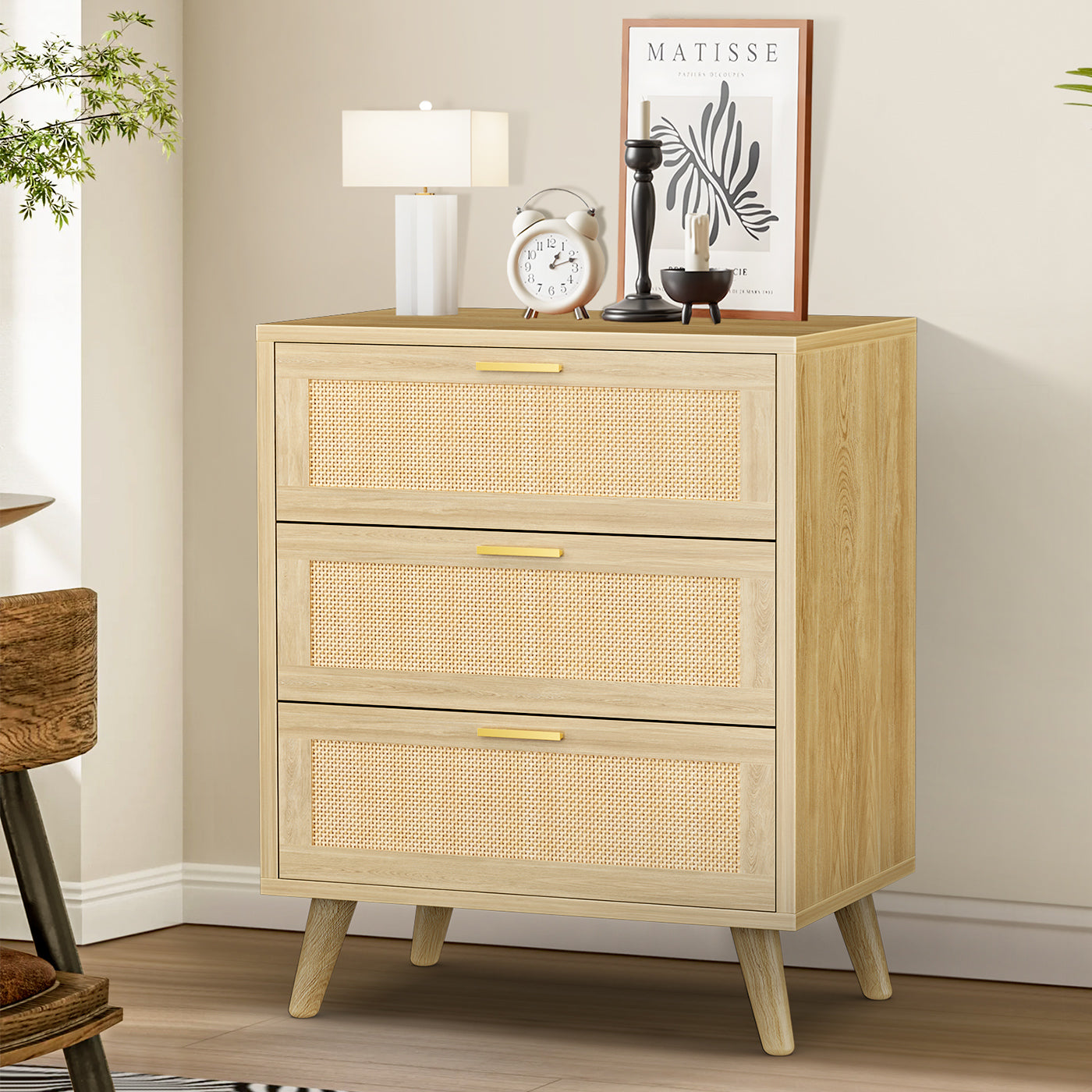 Capri 3-Drawer Dresser, Rattan Dresser Storage Wide Chest of Drawers, Wooden Bedside Night Stand Storage Cabinet for Bedroom,Living Room, Entryway, Natural