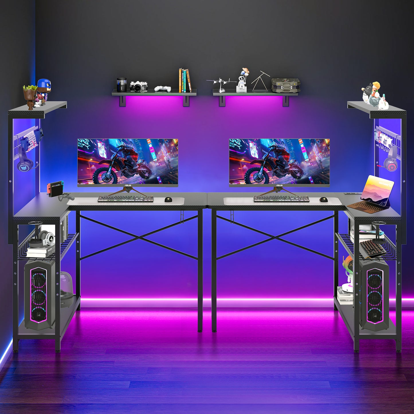 Capri 42" L Shaped Gaming Desk with Power Outlets & LED Lights, Small Computer Corner Desk with Headset Hooks and Cup Holder, Home Office Desk with Storage Shelves, Carbon Fiber Black