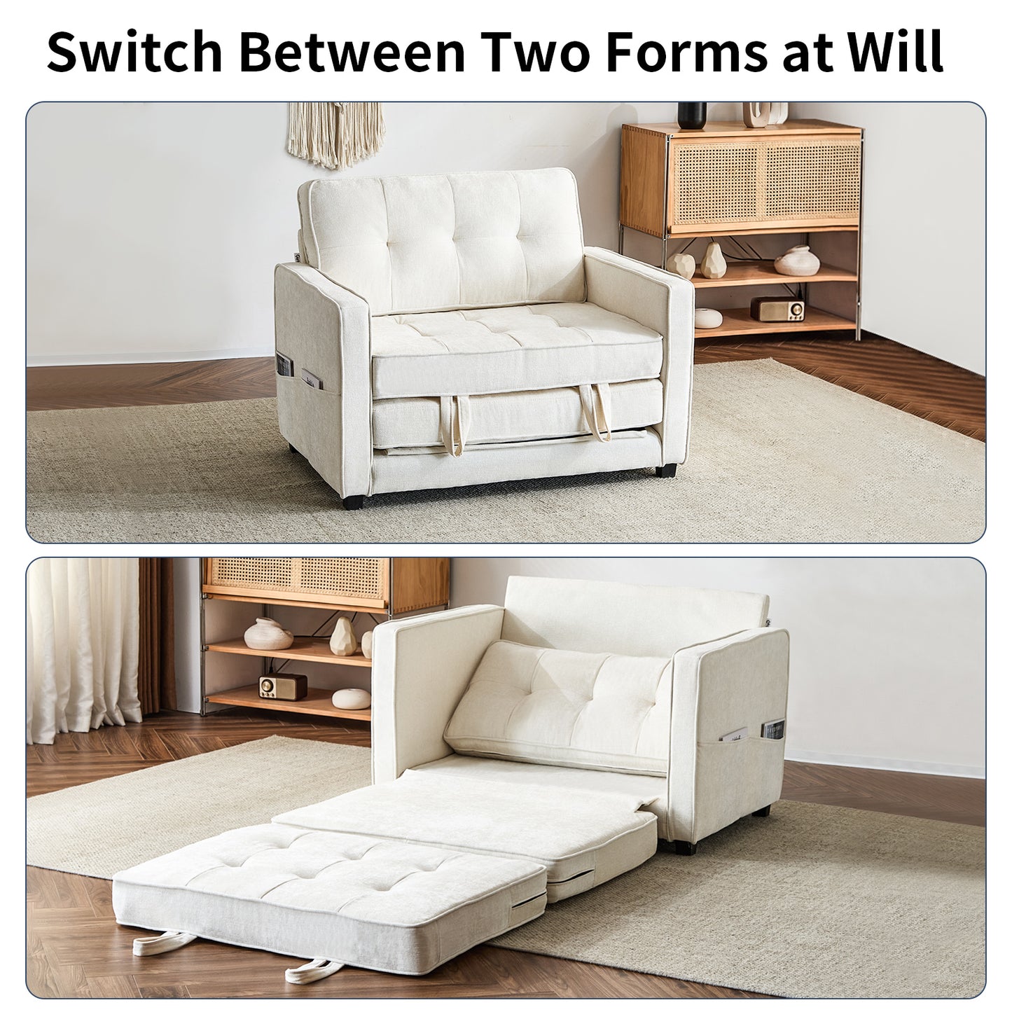 capri Fabric Loveseat Sleeper Sofa with Storage Pocket