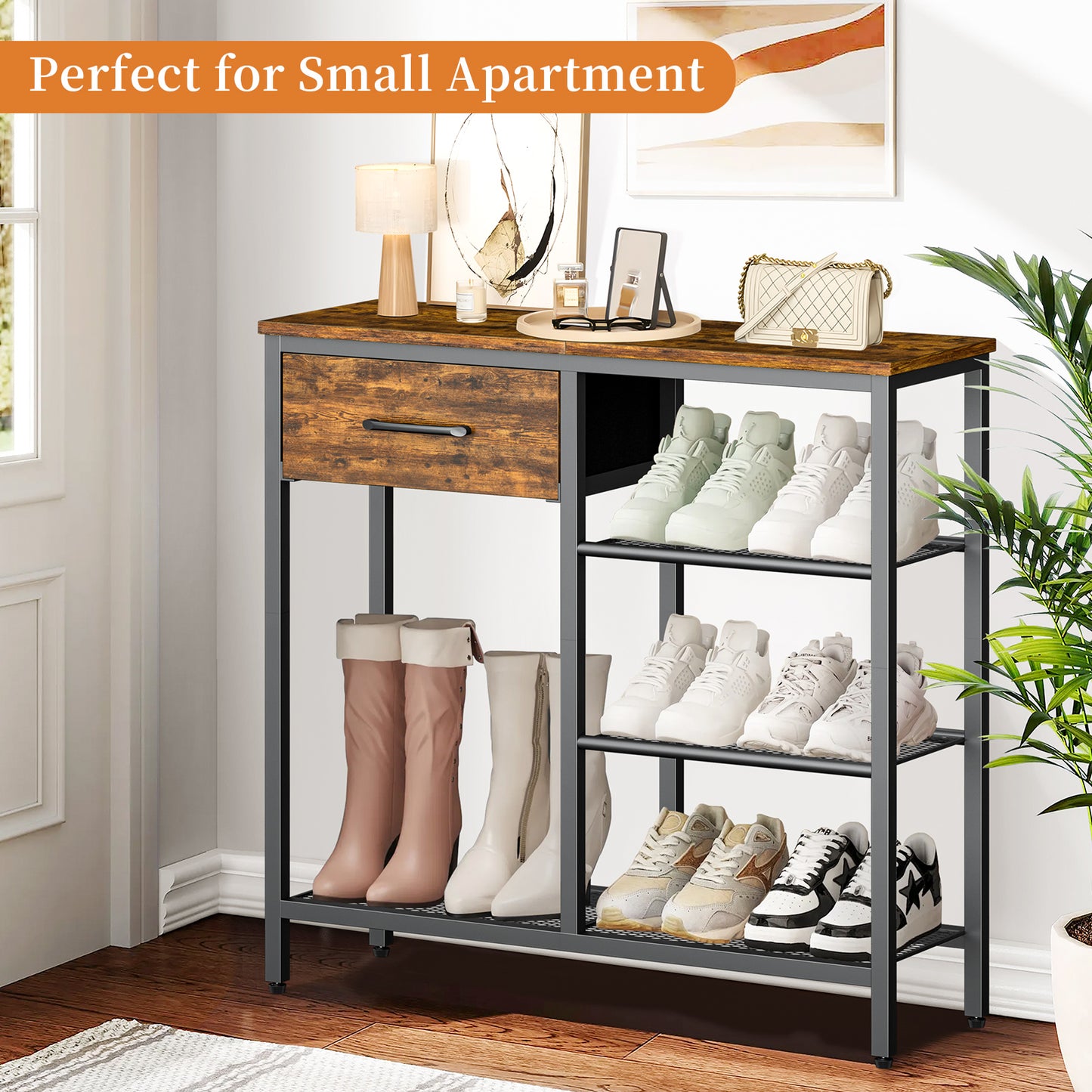 Capri 31.5" Entryway Table with Storage Fabric Drawer, Industrial Sofa Console Table Small Narrow Tables 4-Tier Shoe Rack Side Furniture for Small Spaces, Front Door, Hallway, Foyer, Rustic Brown