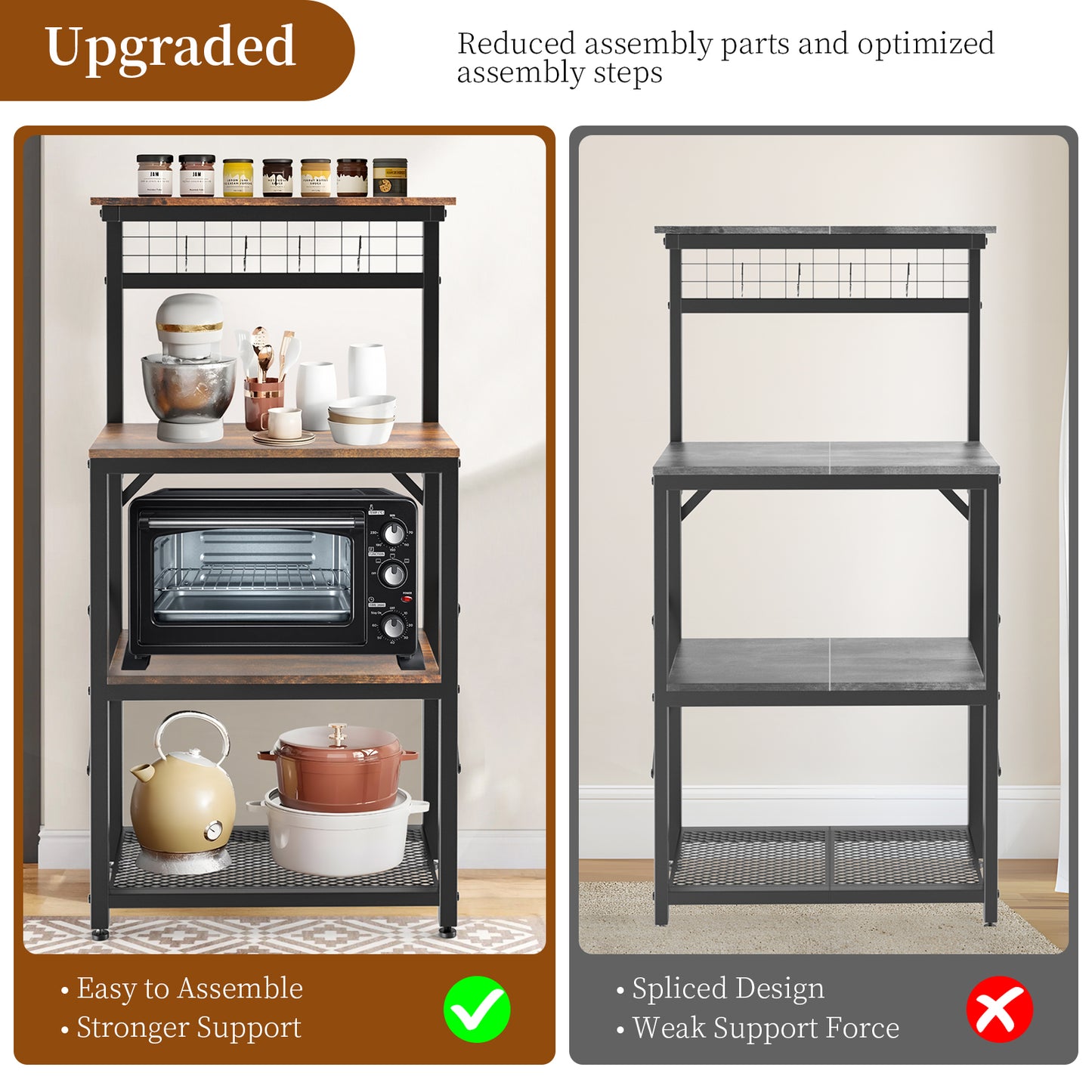 Capri Kitchen Bakers Rack with Storage Shelves and 4 Hooks, Small 4 Tiers Coffee Bar Table, Freestanding Microwave Stand, Kitchen Storage Shelf Rack for Spices, Pots and Pans, Rustic Brown