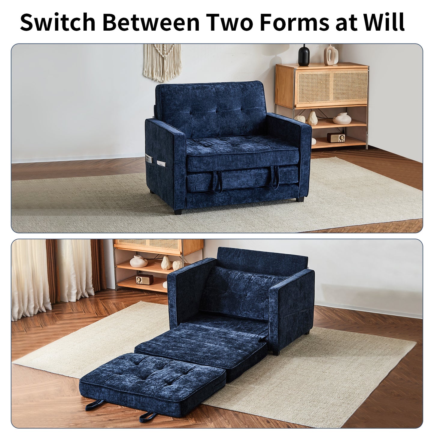capri Fabric Loveseat Sleeper Sofa with Storage Pocket