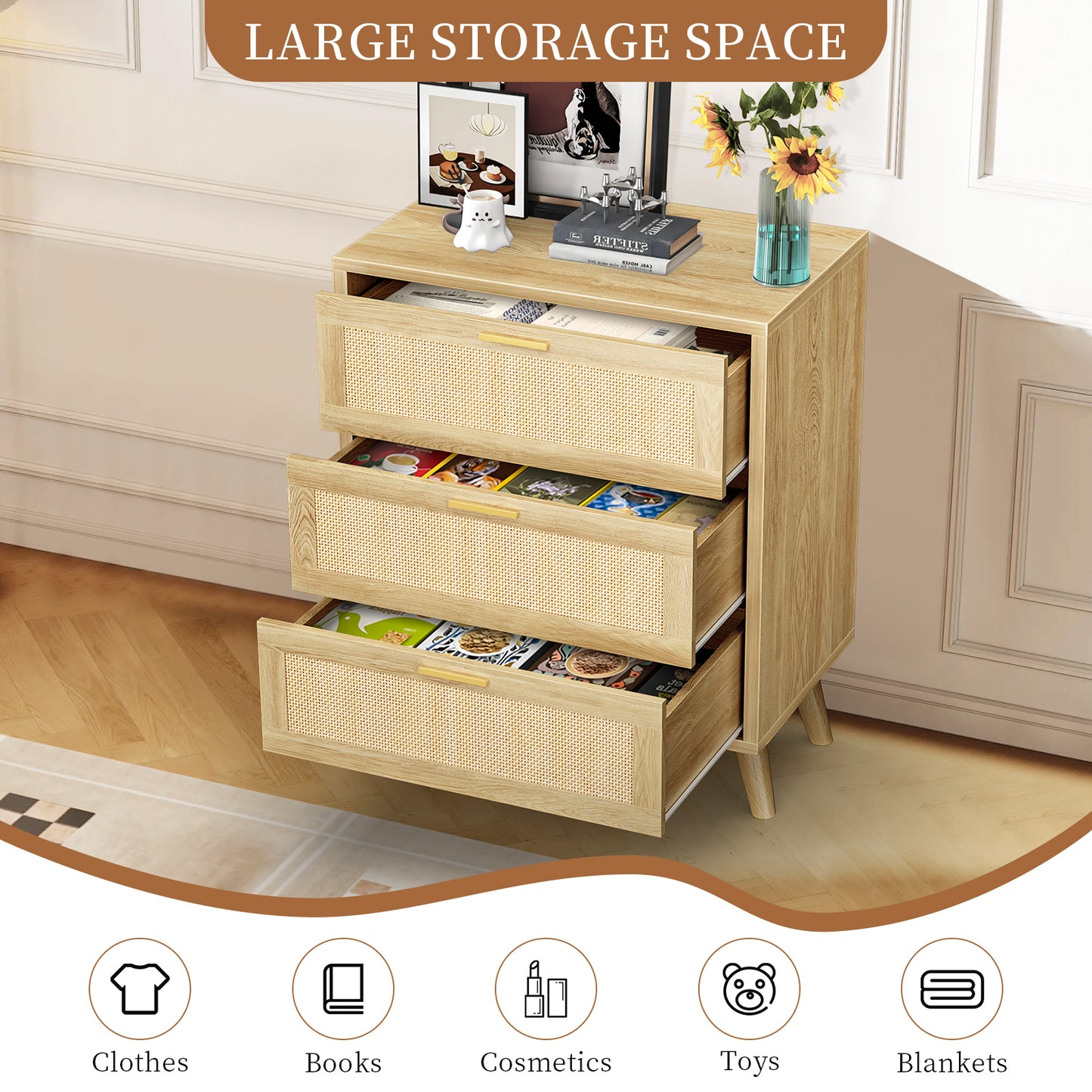 Capri 3-Drawer Dresser, Rattan Dresser Storage Wide Chest of Drawers, Wooden Bedside Night Stand Storage Cabinet for Bedroom,Living Room, Entryway, Natural