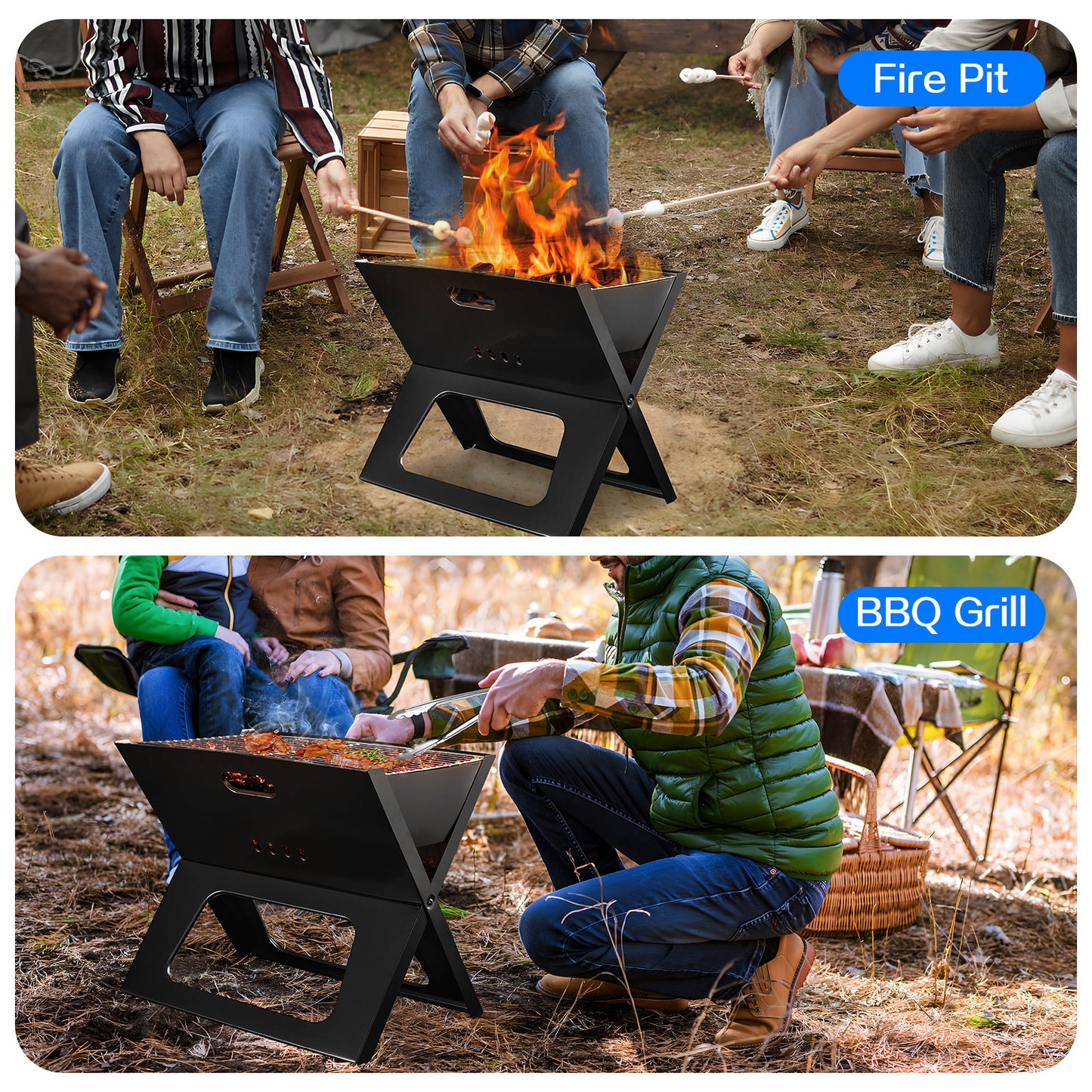 Capri Portable Charcoal Grill, Camping Campfire Grill, Foldable BBQ Grill, Fire Pit Grill for Outdoor Cooking, Bonfire, Patio, Backyard, Easy to Carry and Assembly