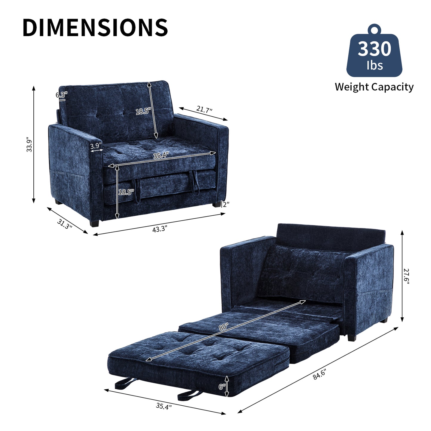 capri Fabric Loveseat Sleeper Sofa with Storage Pocket