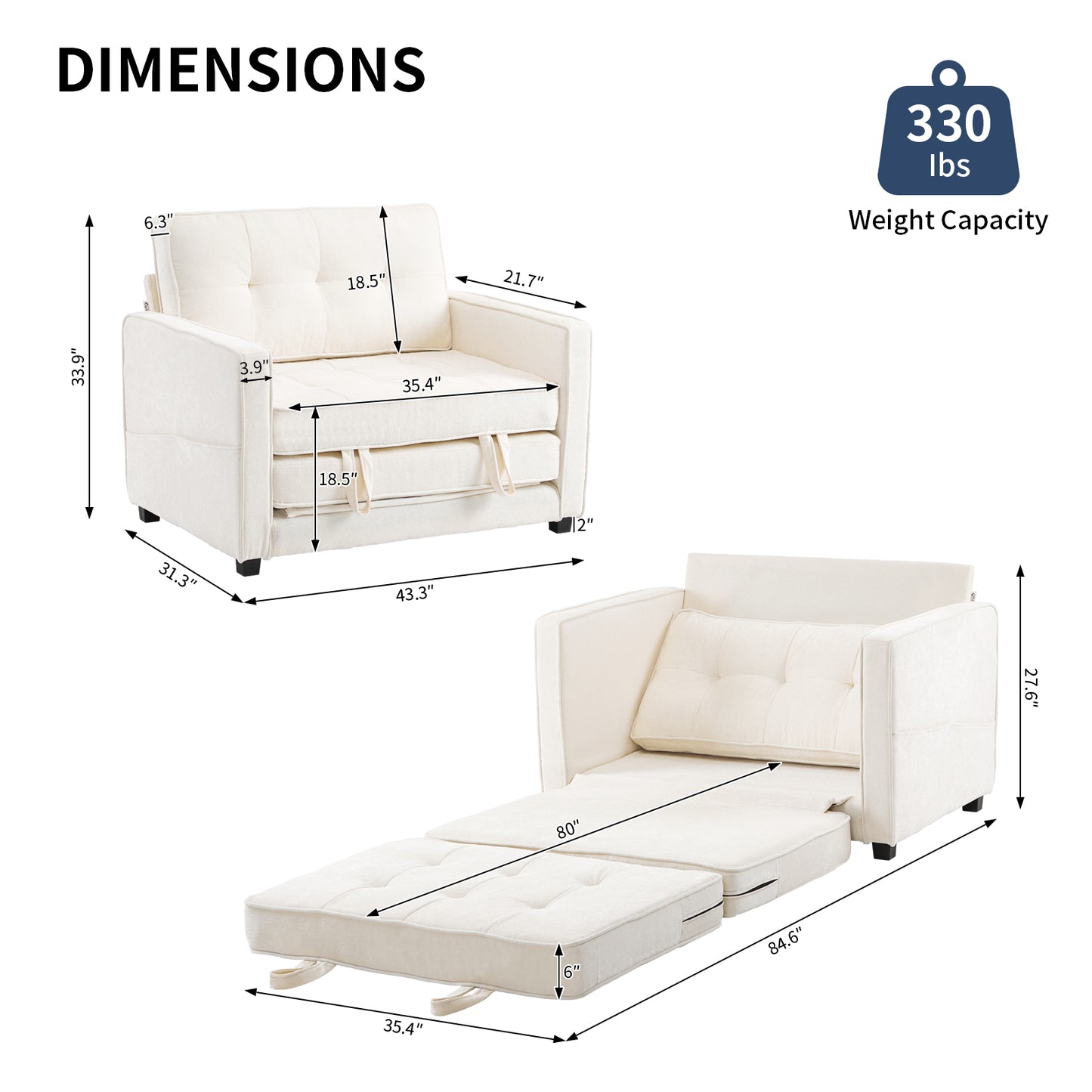 capri Fabric Loveseat Sleeper Sofa with Storage Pocket