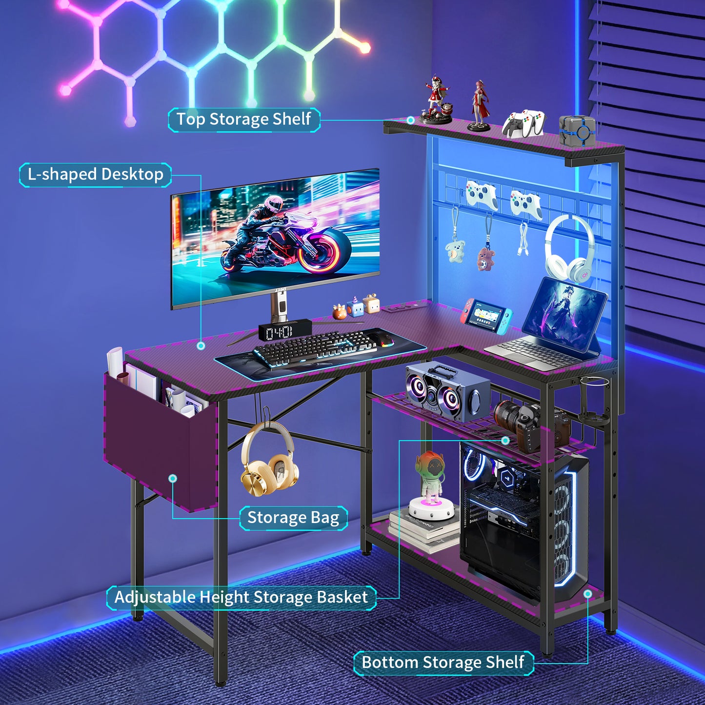 Capri 42" L Shaped Gaming Desk with Power Outlets & LED Lights, Small Computer Corner Desk with Headset Hooks and Cup Holder, Home Office Desk with Storage Shelves, Carbon Fiber Black
