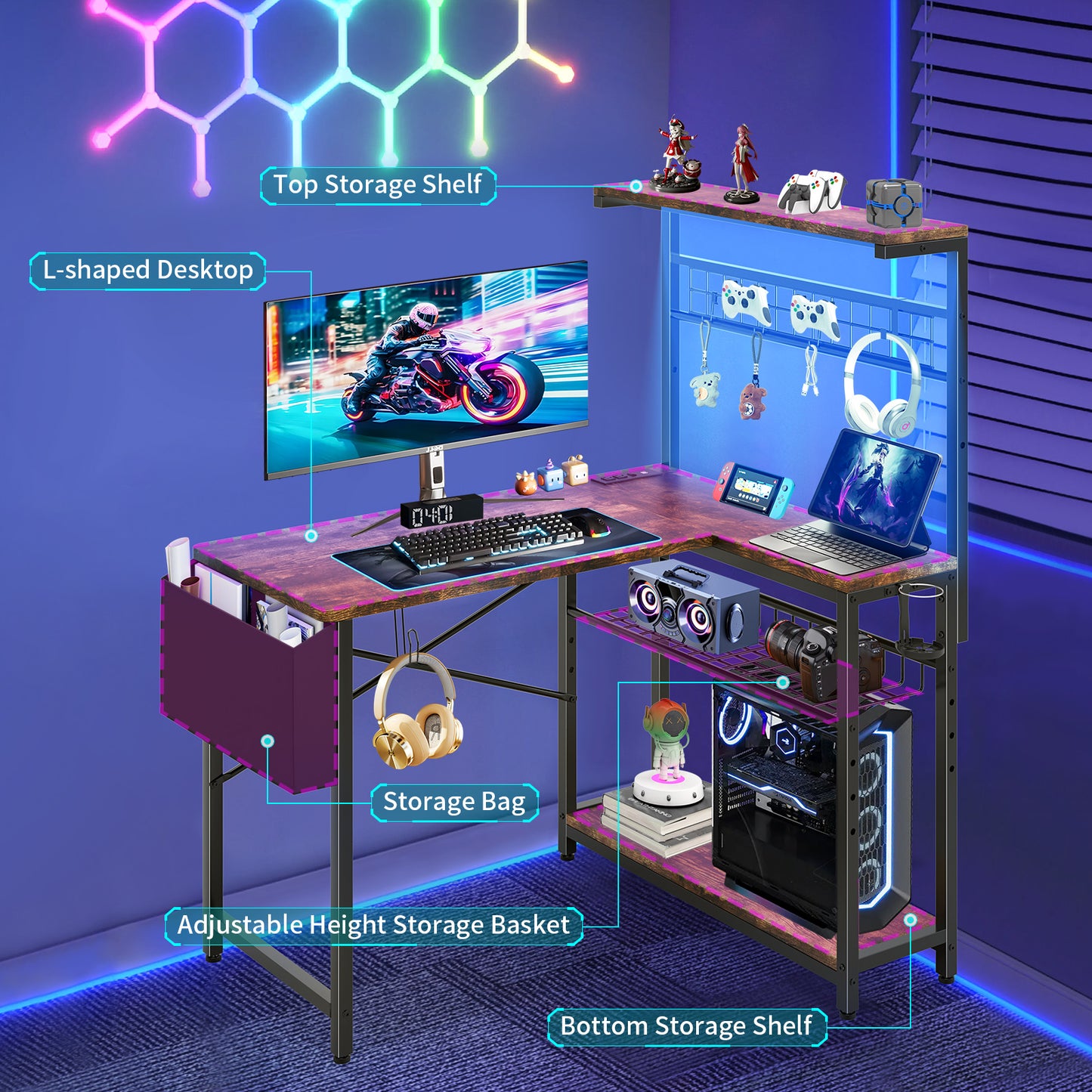 Capri 42" L Shaped Gaming Desk with Power Outlets & LED Lights, Small Computer Corner Desk with Headset Hooks and Cup Holder, Home Office Desk with Storage Shelves, Rustic Brown