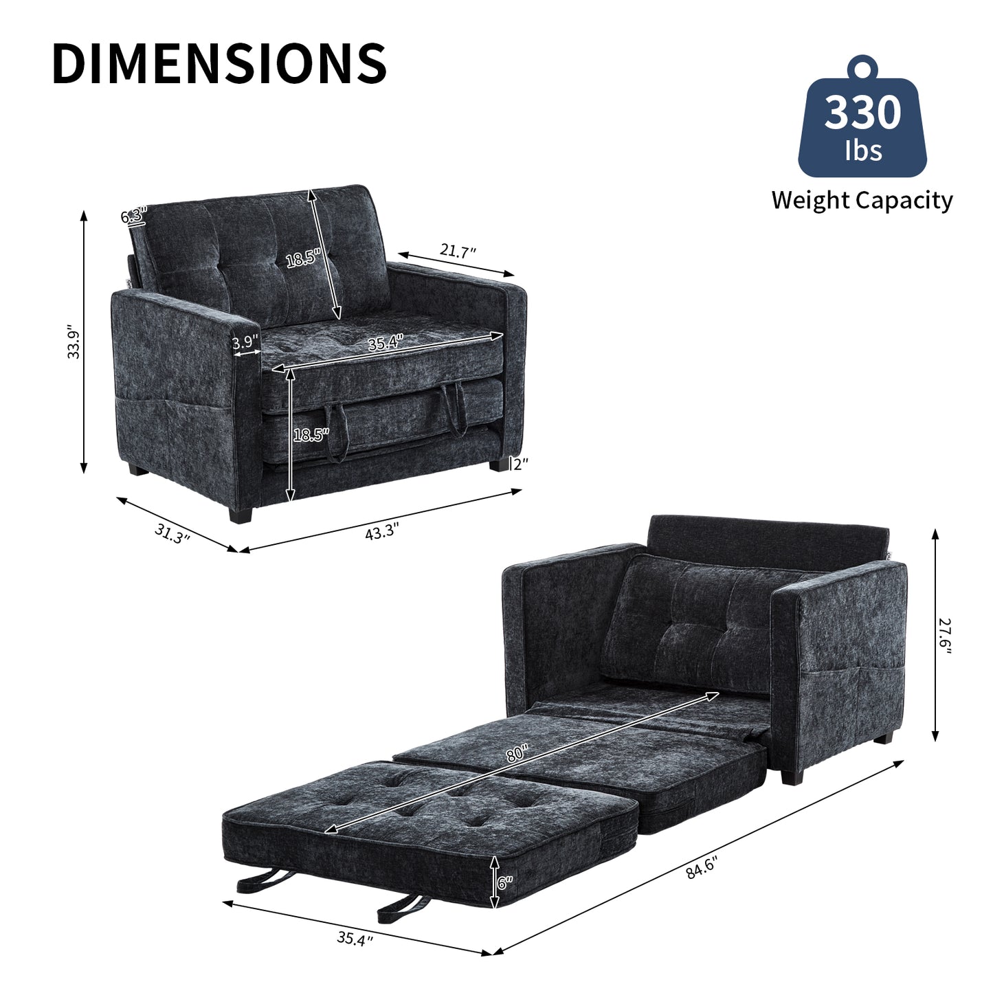 capri Fabric Loveseat Sleeper Sofa with Storage Pocket