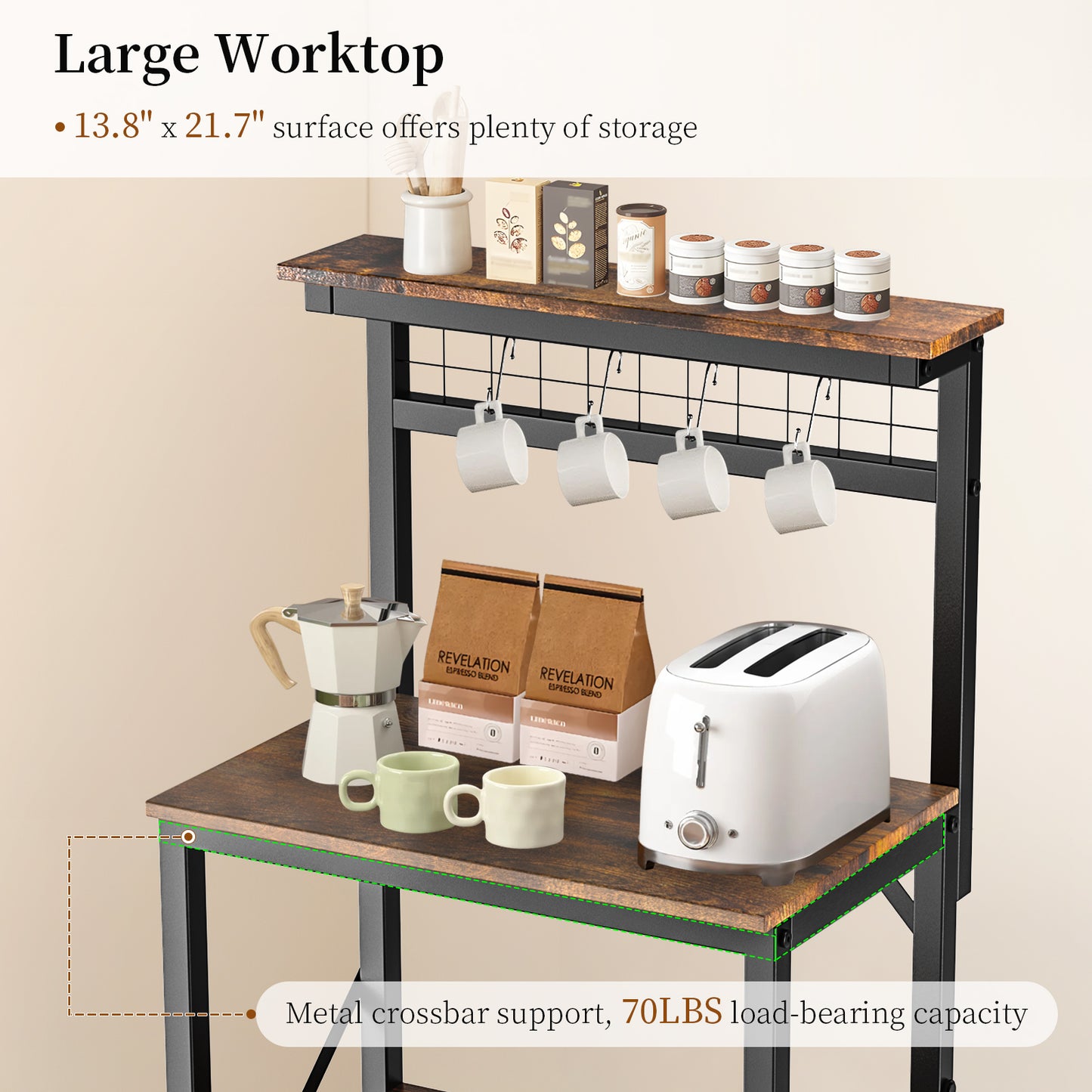 Capri Kitchen Bakers Rack with Storage Shelves and 4 Hooks, Small 4 Tiers Coffee Bar Table, Freestanding Microwave Stand, Kitchen Storage Shelf Rack for Spices, Pots and Pans, Rustic Brown