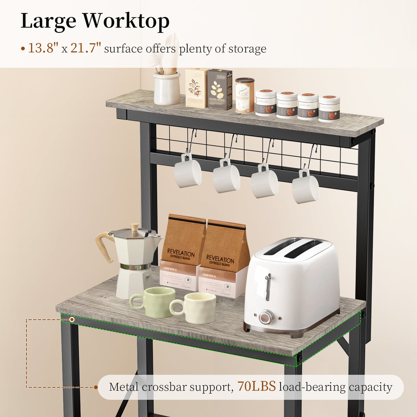 Capri Kitchen Bakers Rack with Storage Shelves and 4 Hooks, Small 4 Tiers Coffee Bar Table, Freestanding Microwave Stand, Kitchen Storage Shelf Rack for Spices, Pots and Pans, Oak Gray
