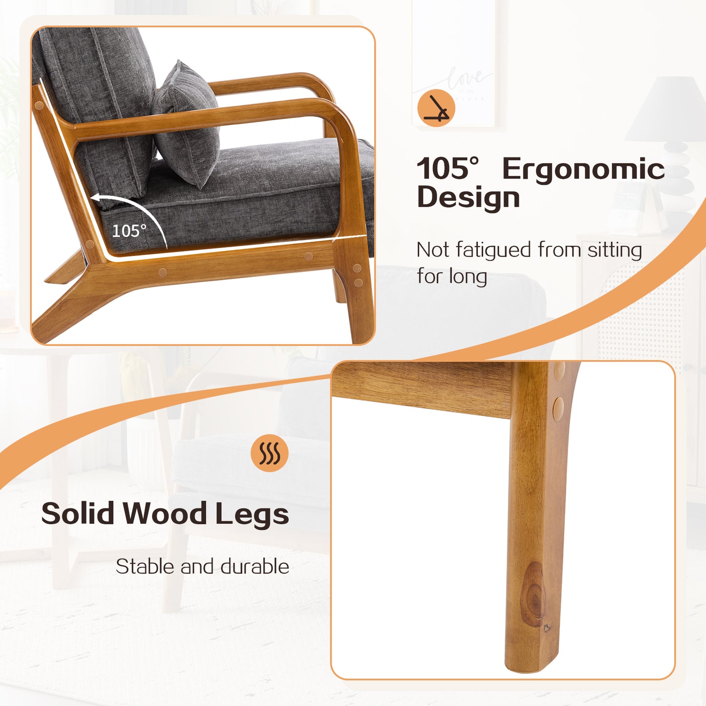 Capri Modern Accent Chair, Mid-Century Solid Wood Arm Chair, Upholstered Reading Chair with Lumbar Pillow, Sofa Side Chairs for Living Room Bedroom Guest Room, Dark Gray