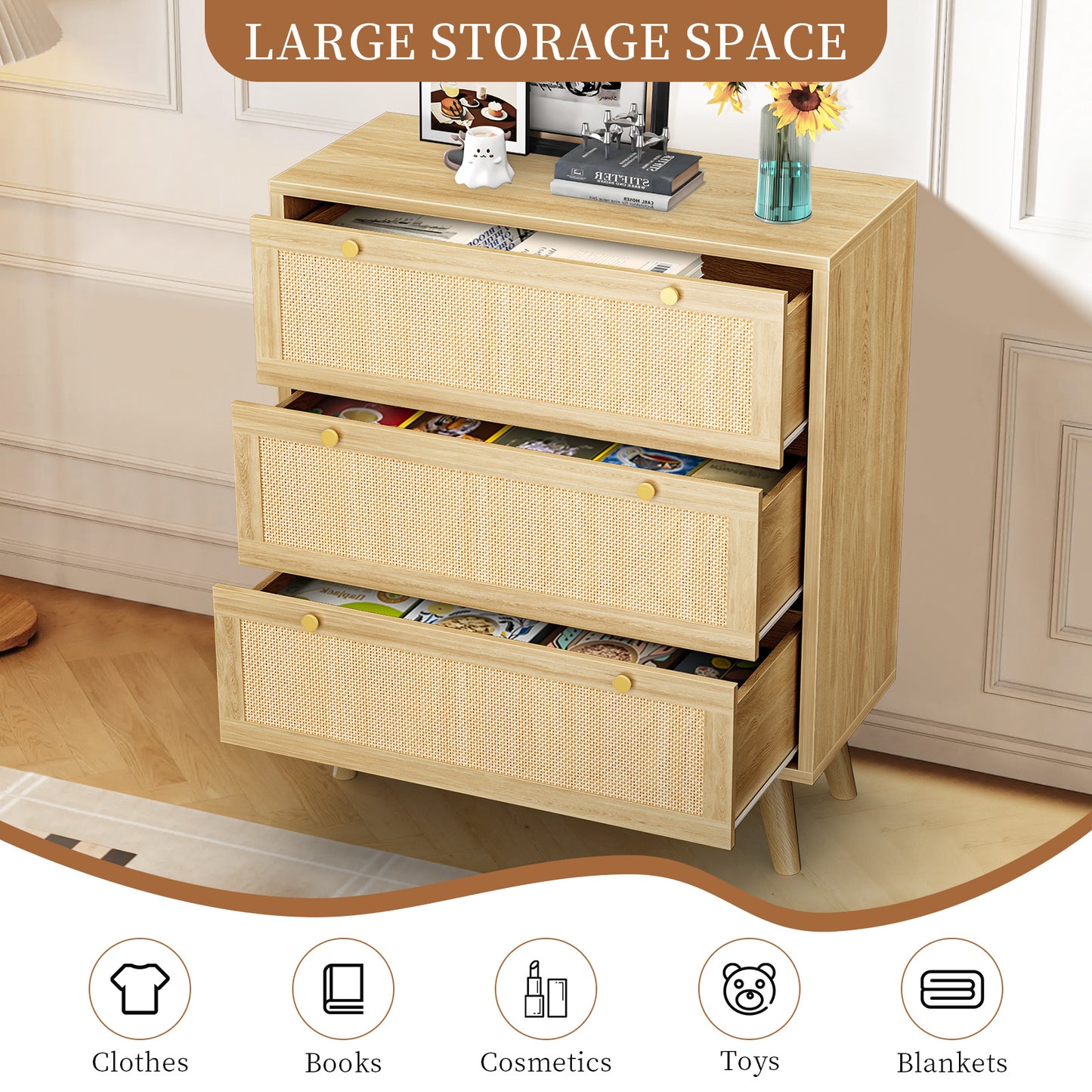Capri 3-Drawer Dresser, Rattan Dresser Storage Wide Chest of Drawers, Wooden Bedside Night Stand Storage Cabinet for Bedroom,Living Room, Entryway, Natural