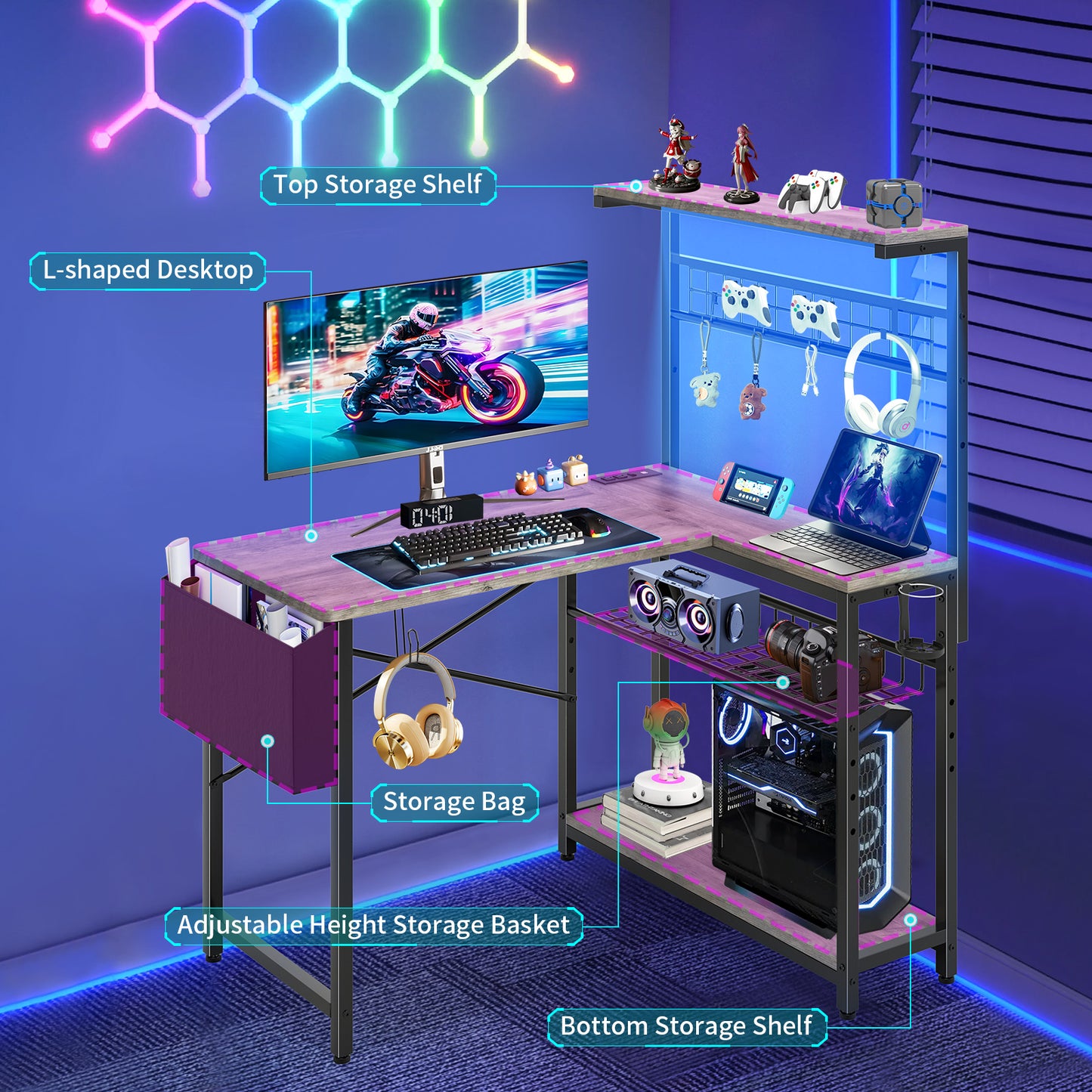 Capri 42" L Shaped Gaming Desk with Power Outlets & LED Lights, Small Computer Corner Desk with Headset Hooks and Cup Holder, Home Office Desk with Storage Shelves, Oak Gray
