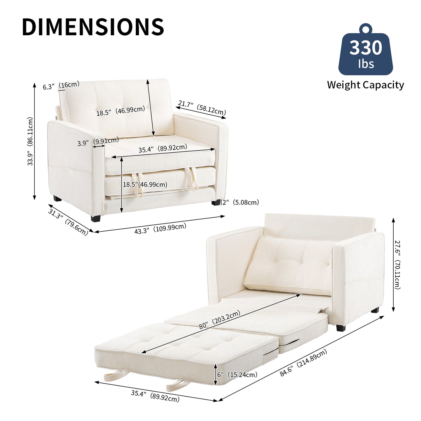 capri Fabric Loveseat Sleeper Sofa with Storage Pocket