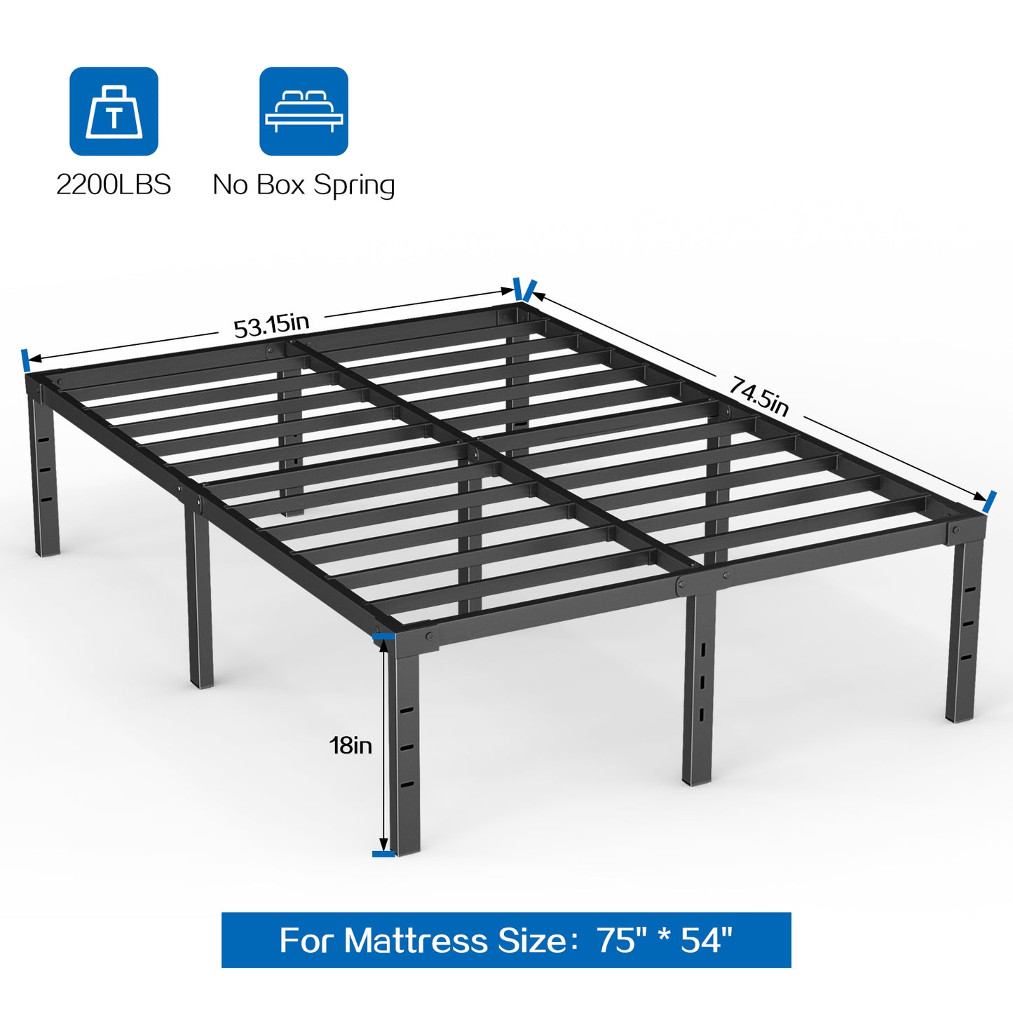 Capri Full Bed Frame, 18 Inch Metal Platform Bed Frame, Heavy Duty, No Box Spring Needed, Easy Assembly, Black