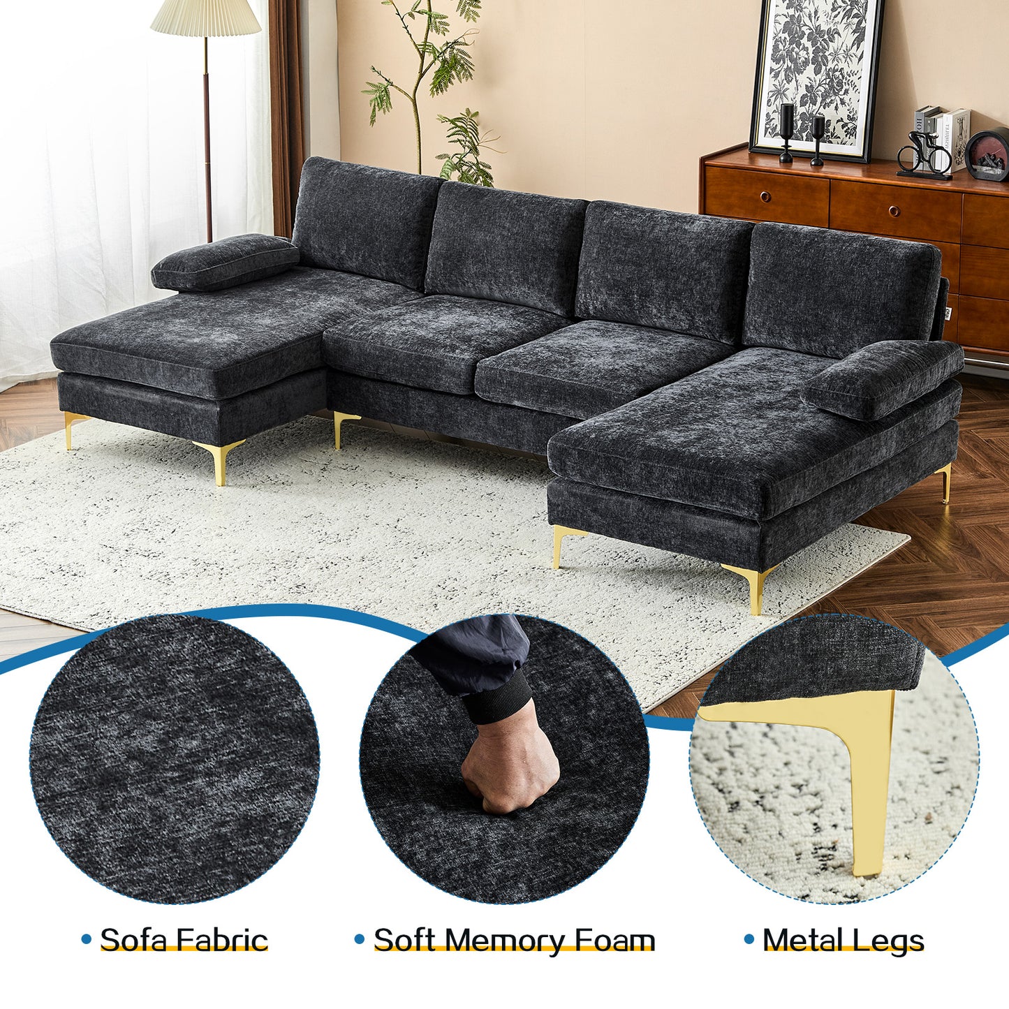 capri Comfortable Chenille U-Shaped Sectional Sofa Couch