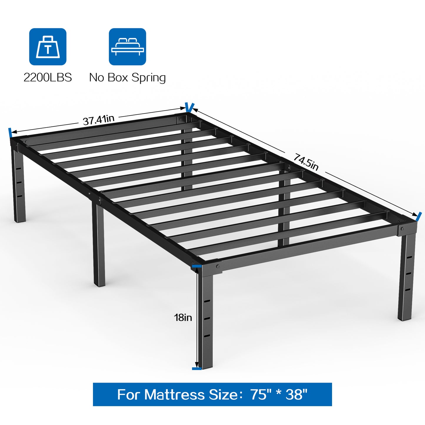 Capri Twin Bed Frame, 18 Inch Metal Platform Bed Frame, Heavy Duty, No Box Spring Needed, Easy Assembly, Black