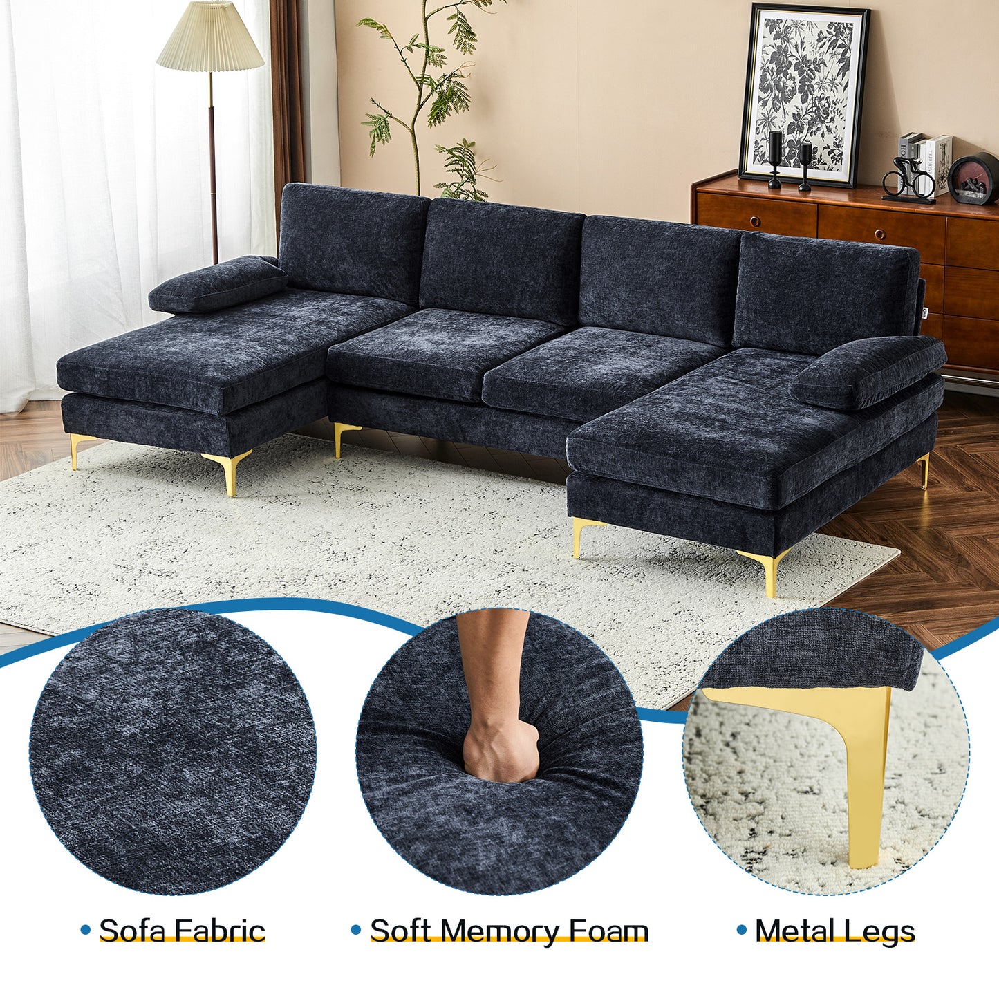 capri Comfortable Chenille U-Shaped Sectional Sofa Couch