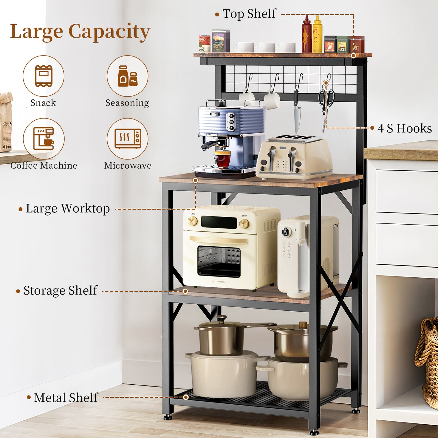 Capri Kitchen Bakers Rack with Storage Shelves and 4 Hooks, Small 4 Tiers Coffee Bar Table, Freestanding Microwave Stand, Kitchen Storage Shelf Rack for Spices, Pots and Pans, Rustic Brown