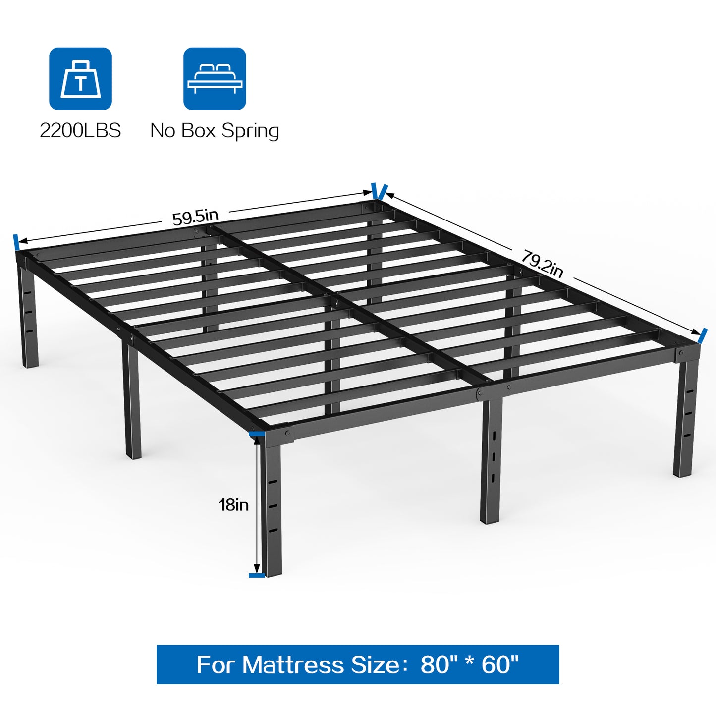 Capri Queen Bed Frame, 18 Inch Metal Platform Bed Frame, Heavy Duty, No Box Spring Needed, Easy Assembly, Black