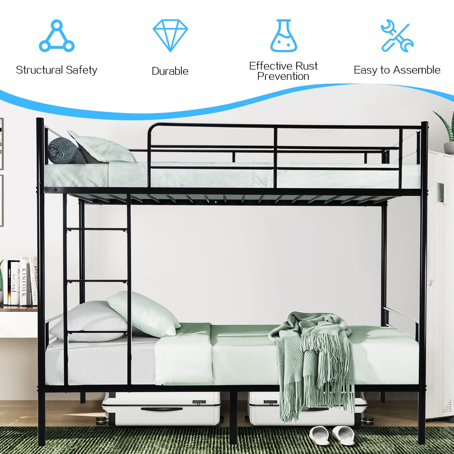 Twin-Over-Full Metal Bunk Bed with Ladder and Guardrails