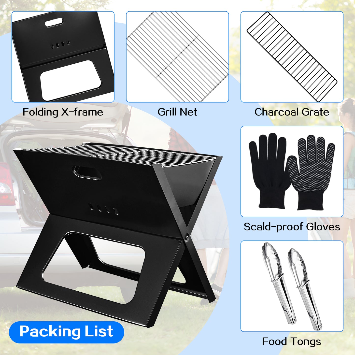 Capri Portable Charcoal Grill, Camping Campfire Grill, Foldable BBQ Grill, Fire Pit Grill for Outdoor Cooking, Bonfire, Patio, Backyard, Easy to Carry and Assembly