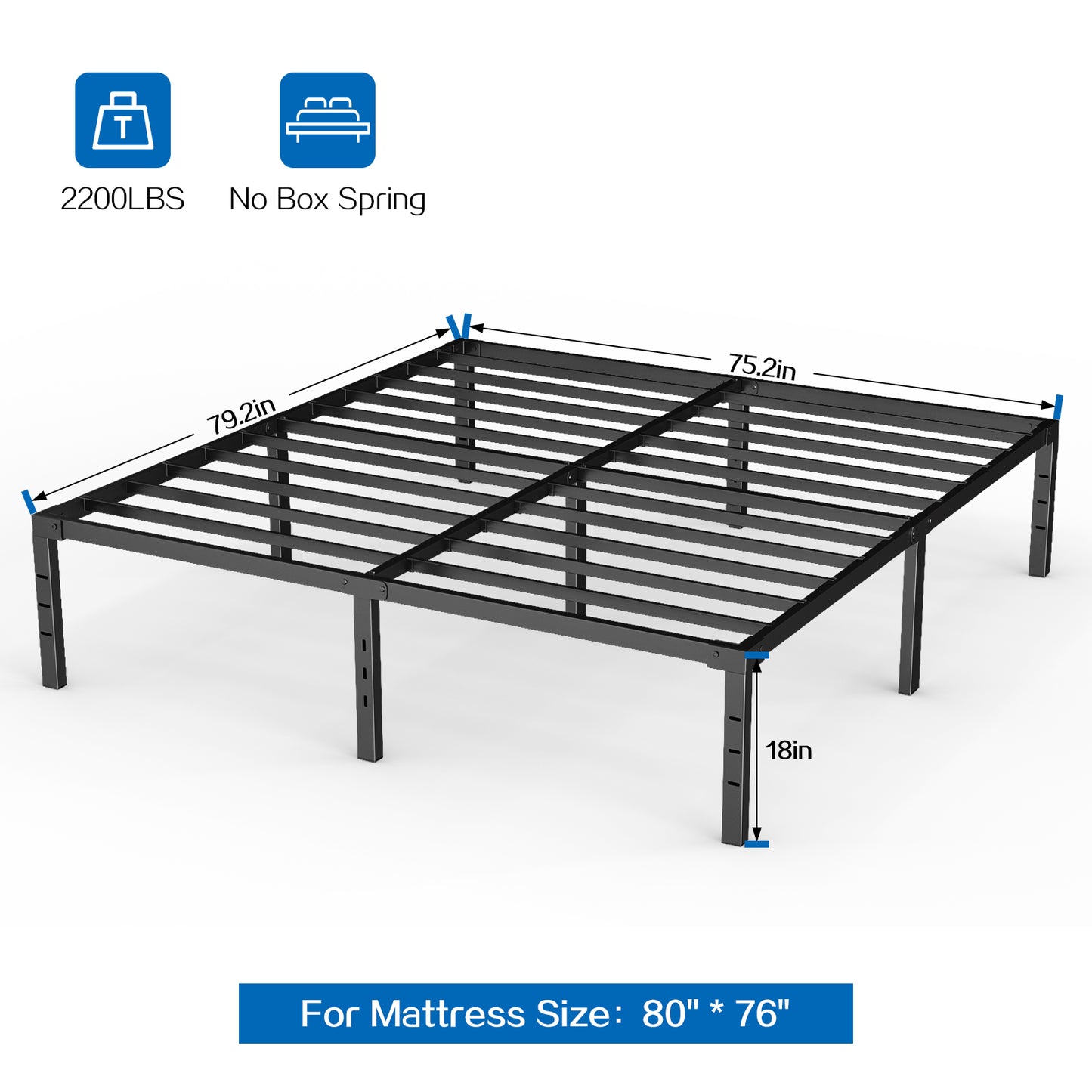 Capri King Bed Frame, 18 Inch Metal Platform Bed Frame, Heavy Duty, No Box Spring Needed, Easy Assembly, Black