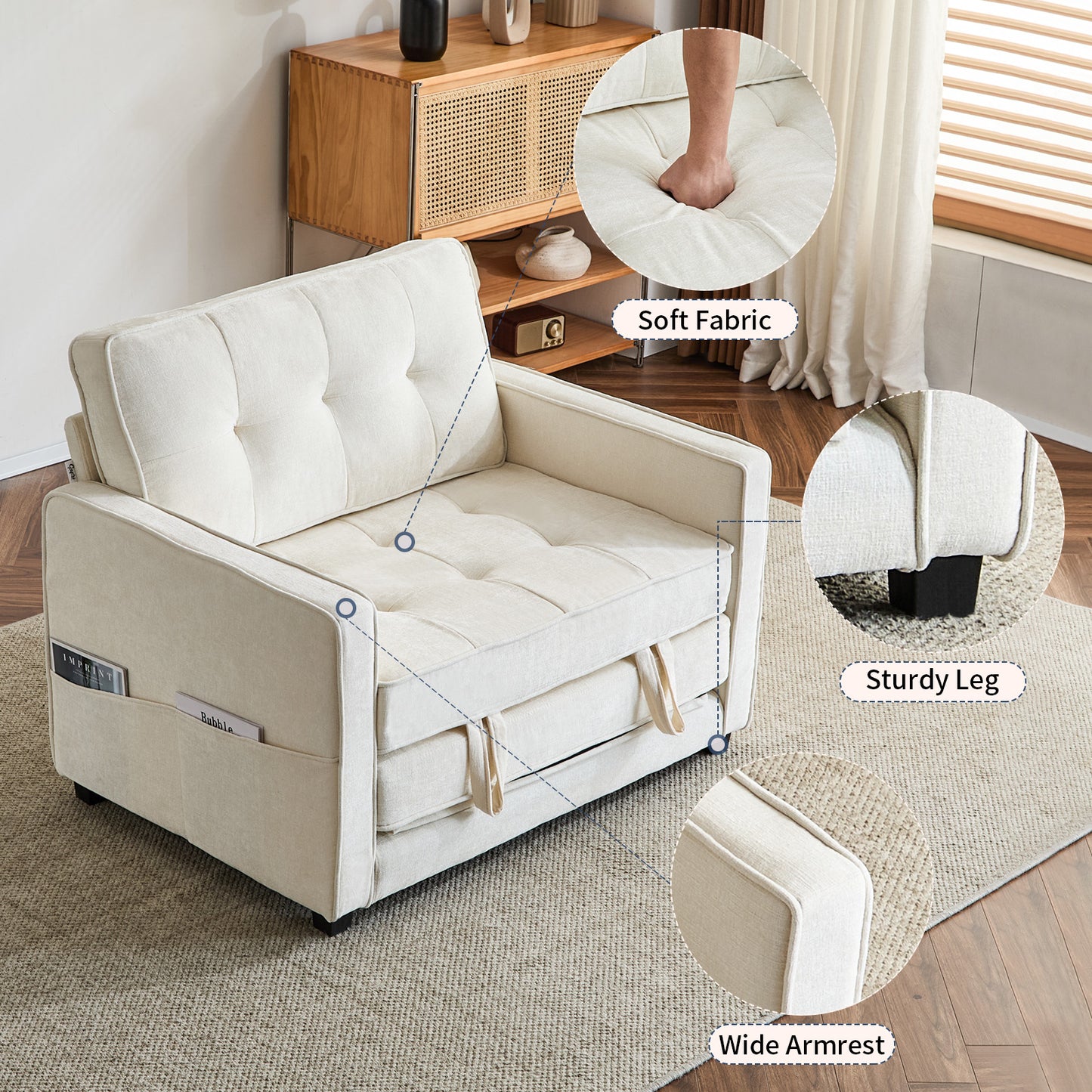capri Fabric Loveseat Sleeper Sofa with Storage Pocket