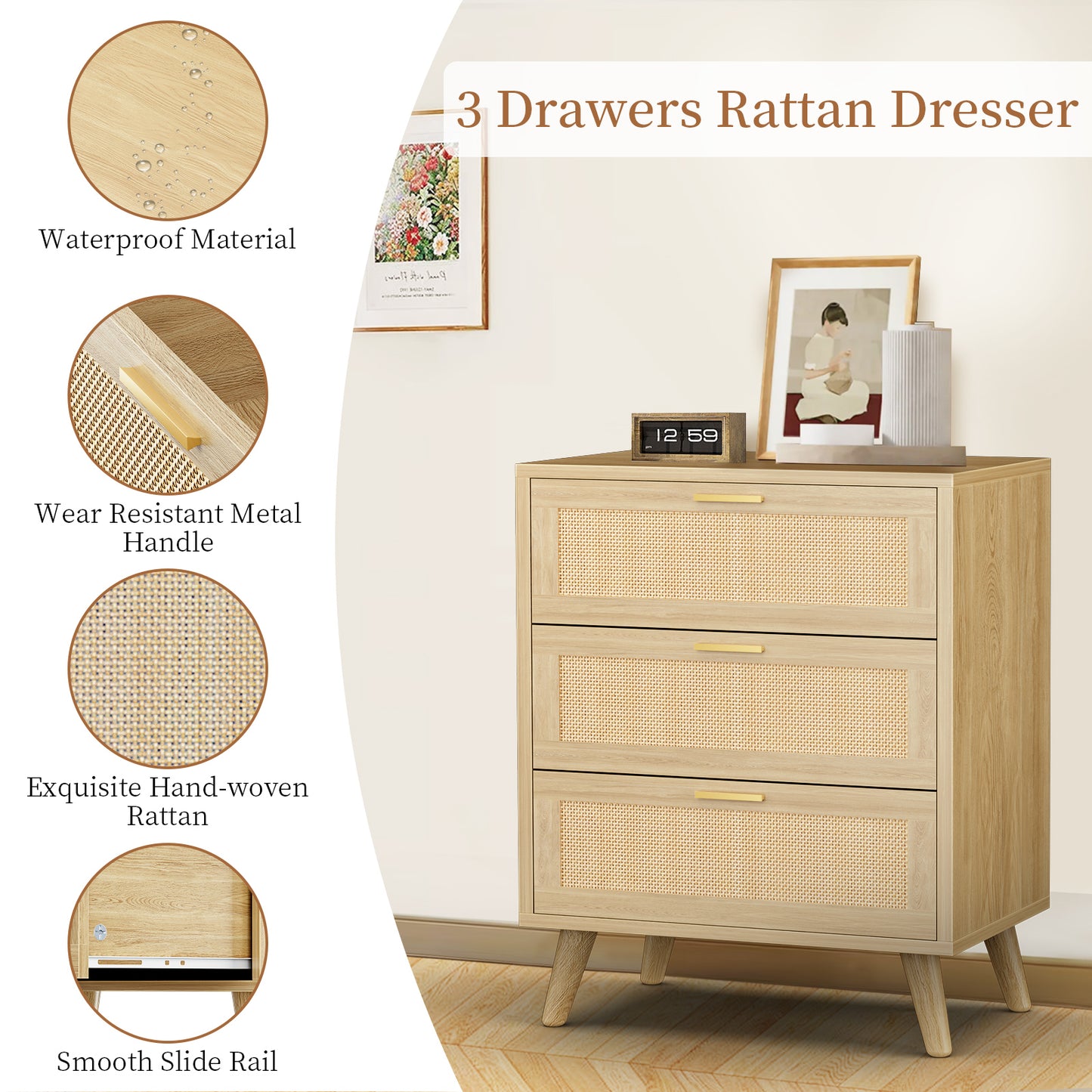 Capri 3-Drawer Dresser, Rattan Dresser Storage Wide Chest of Drawers, Wooden Bedside Night Stand Storage Cabinet for Bedroom,Living Room, Entryway, Natural
