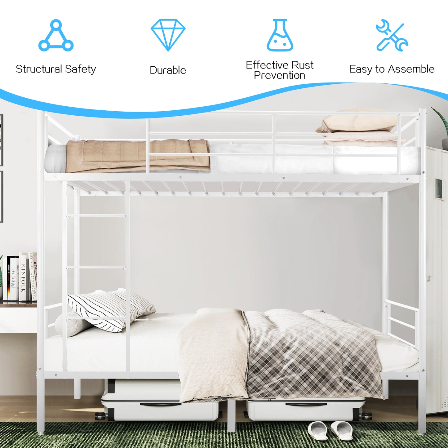 Twin-Over-Full Metal Bunk Bed with Ladder and Guardrails