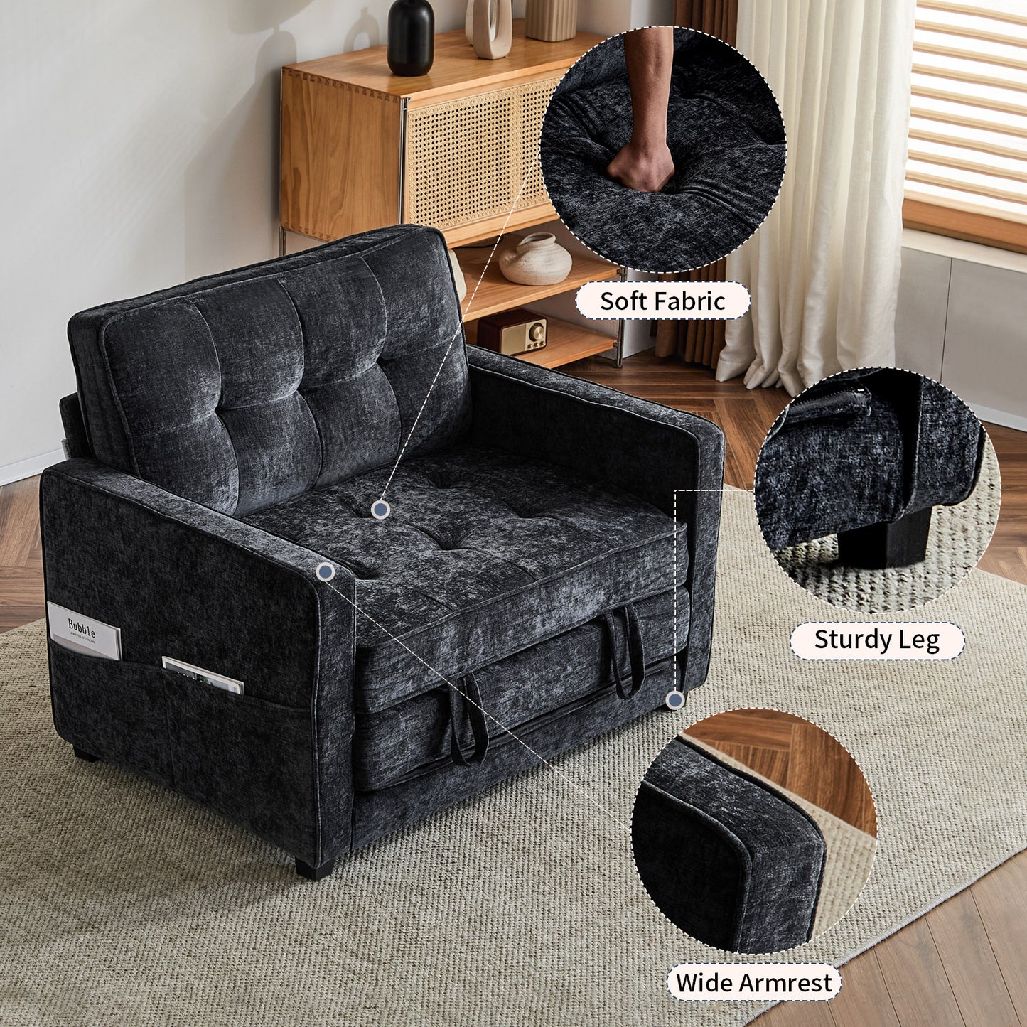 capri Fabric Loveseat Sleeper Sofa with Storage Pocket