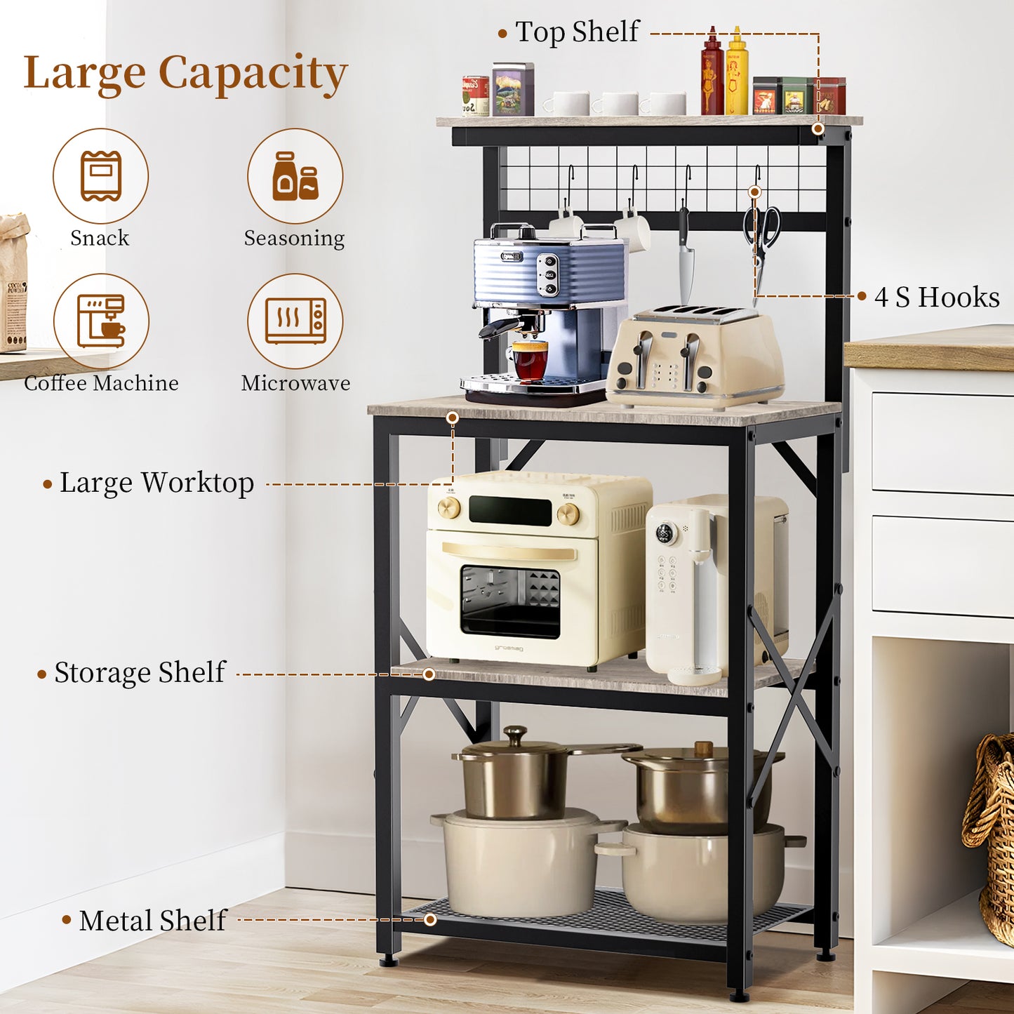 Capri Kitchen Bakers Rack with Storage Shelves and 4 Hooks, Small 4 Tiers Coffee Bar Table, Freestanding Microwave Stand, Kitchen Storage Shelf Rack for Spices, Pots and Pans, Oak Gray